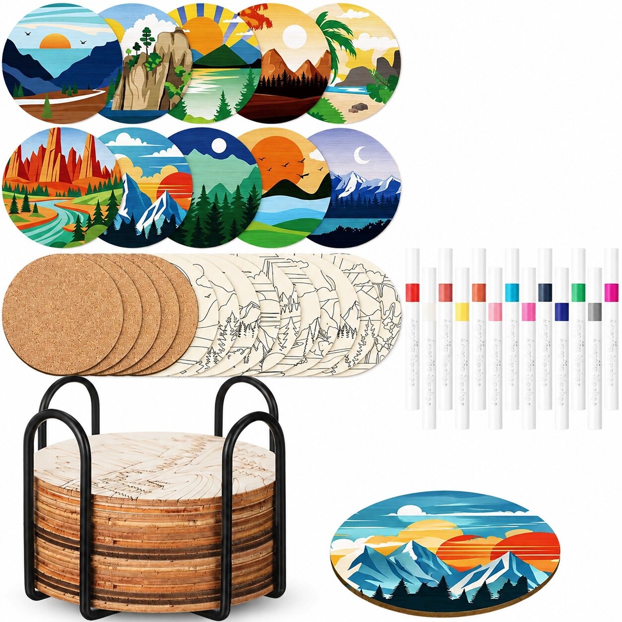 Adrinfly Wooden Coasters Painting Set with Markers 45 Pieces Four Inch ...
