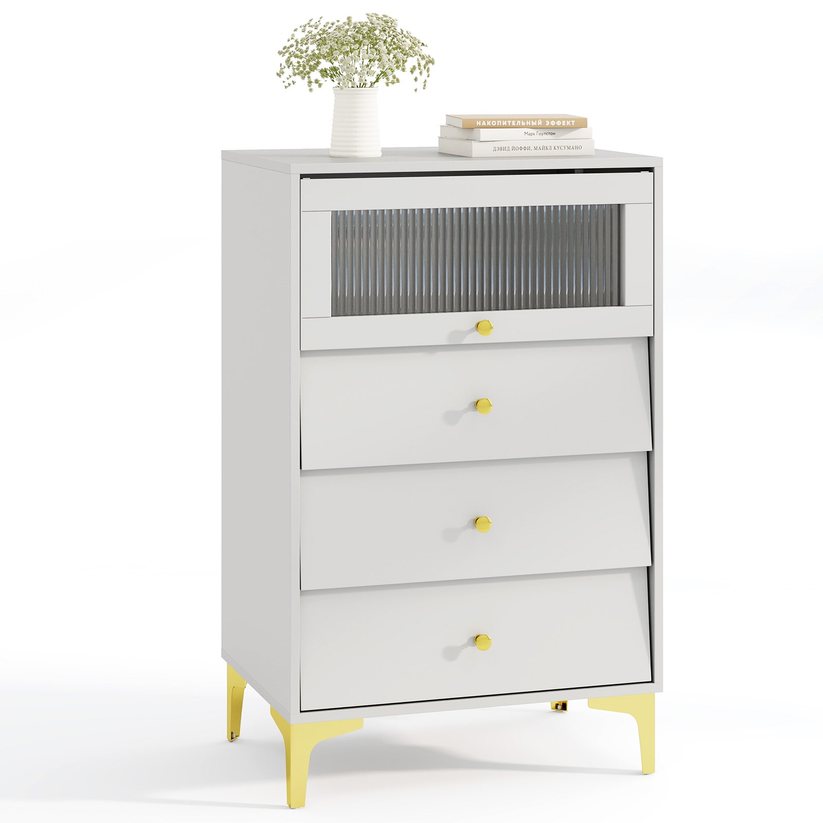 Fenbeli Modern Storage Cabinet with Drawers Floor Organizer with Fluted Glass Door and Metal Legs