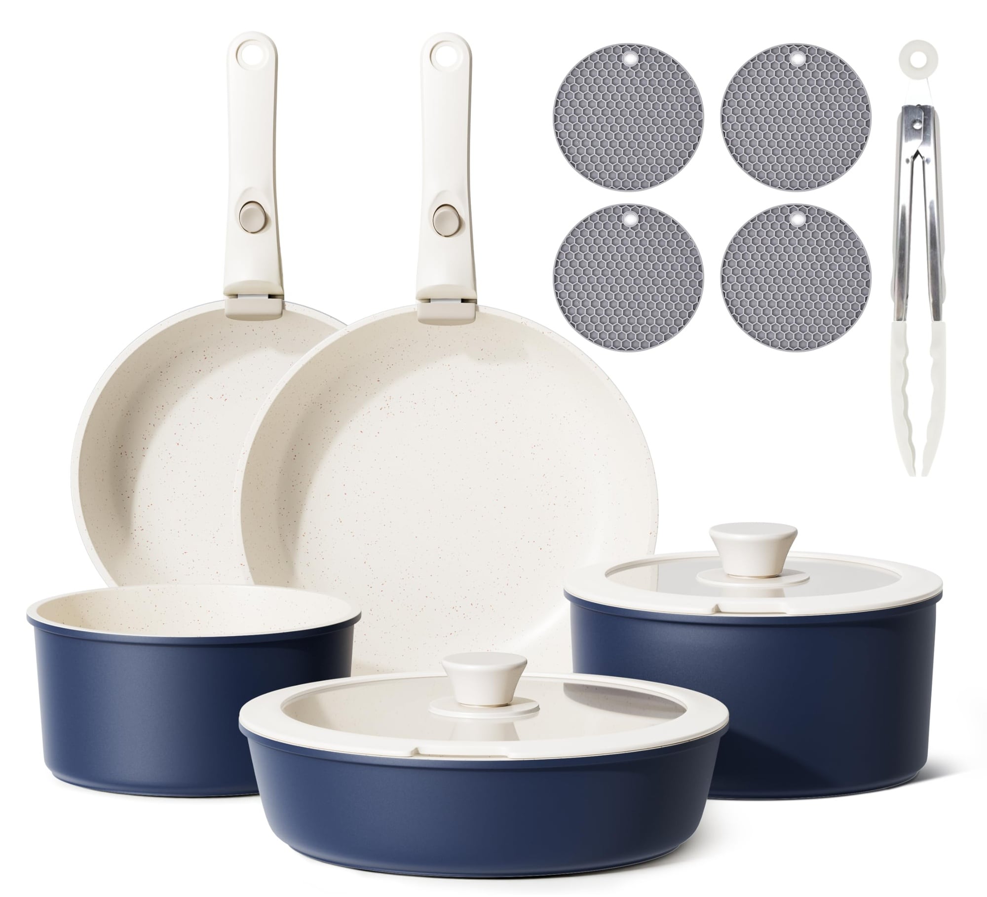 Aoibox  5 Piece Cream Detachable Handle Nonstick Cookware Set Stackable Induction Pots and Pans for RV Camping