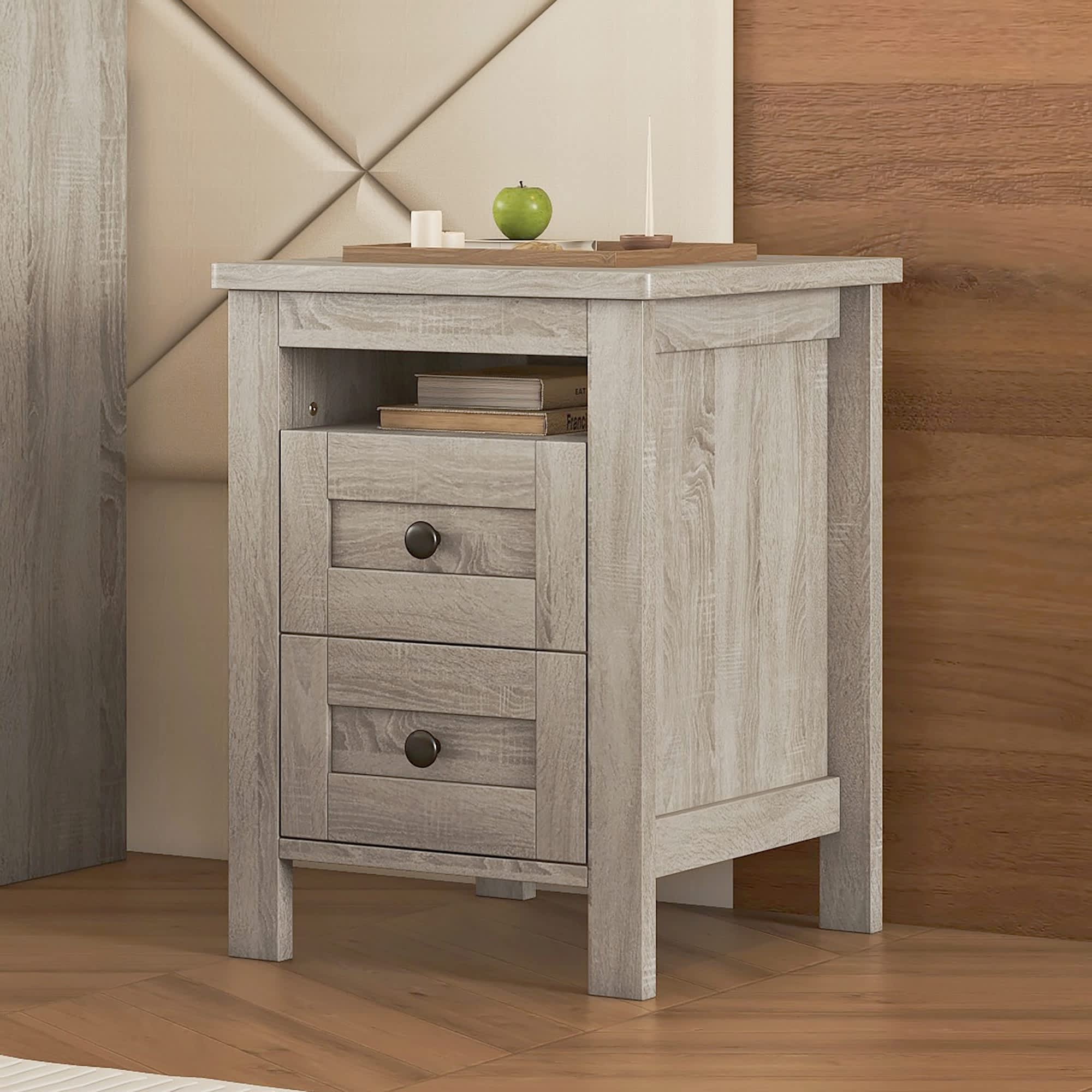 VERYKE LL-NSD031GY 2-Drawer Farmhouse Wooden Nightstand with Shelf for Bedroom