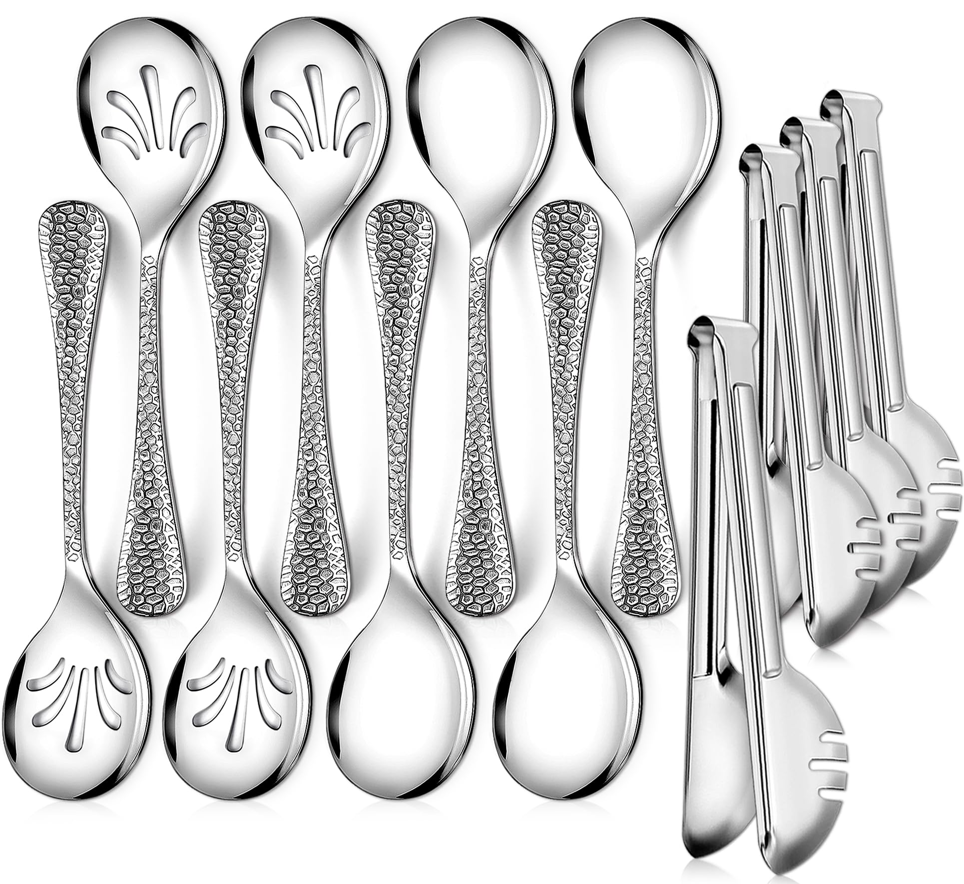 Aoibox  12 Piece Silver Hammered Stainless Steel Flatware Serving Set with Solid Spoons Slotted Spoons and Tongs