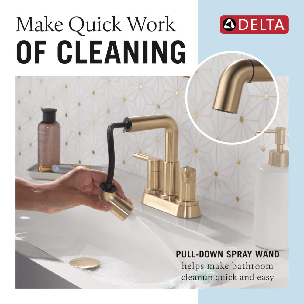 Delta Nicoli Matte Black/ Brushed Gold Bathroom Faucet 3 Hole, 8 Inch Widespread Bathroom Sink Faucet For Vanity, Push-Pop Drain Assembly, Matte Black/ Champagne Bronze 35894LF-GZ