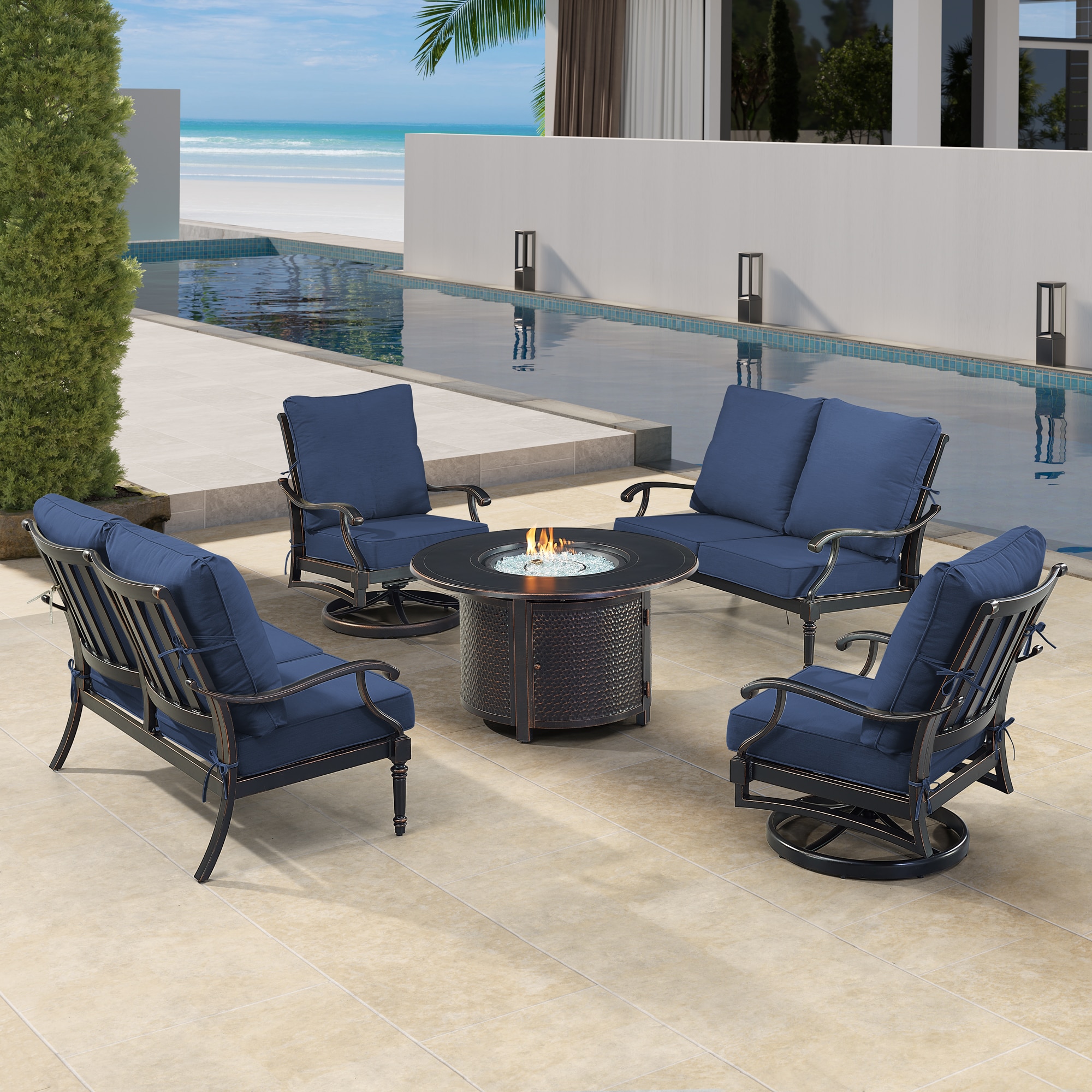 Oakland Living SHACO2LS2CHMATERABL Fire Pit Table Set, Two Loveseats, Two Lounge Chairs, Wind Guard and Ice Bucket 18 -Piece Patio Conversation Set with Blue Cushions