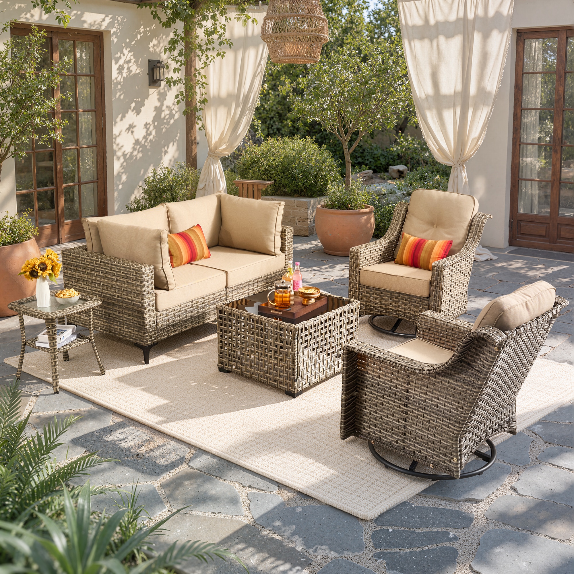 ALTRIGUS - 6 -Piece Wicker Patio Conversation Set with Beige Cushions Included
