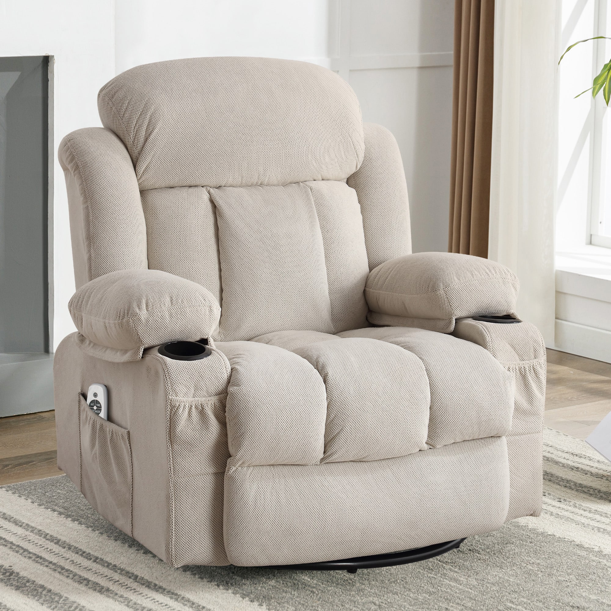 Mondawe OR-88AAD-US Massage and Lumbar Heat Recliner Beige Velvet Upholstered Swivel Massage chair