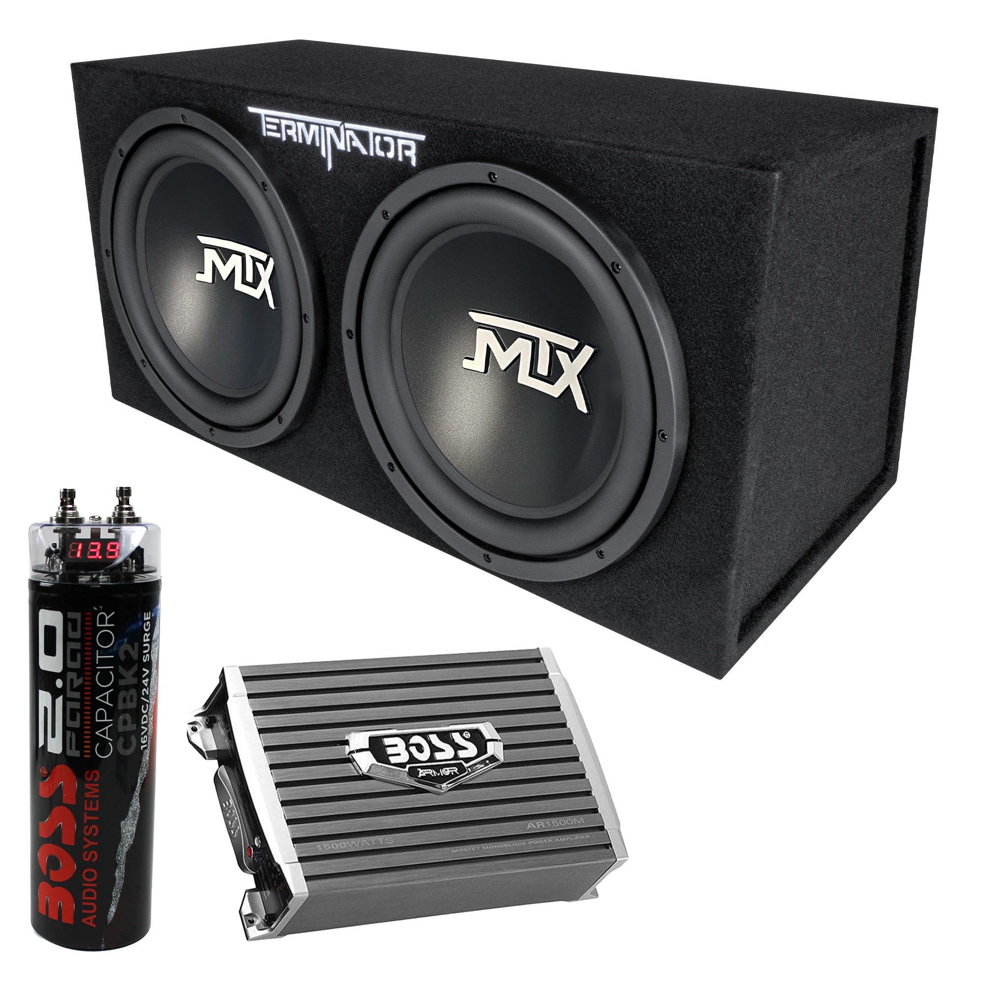 MTX Audio MTX TNE212D 12 Inches 1200W Dual Loaded Subwoofer Box and 1500W Amplifier and Capacitor