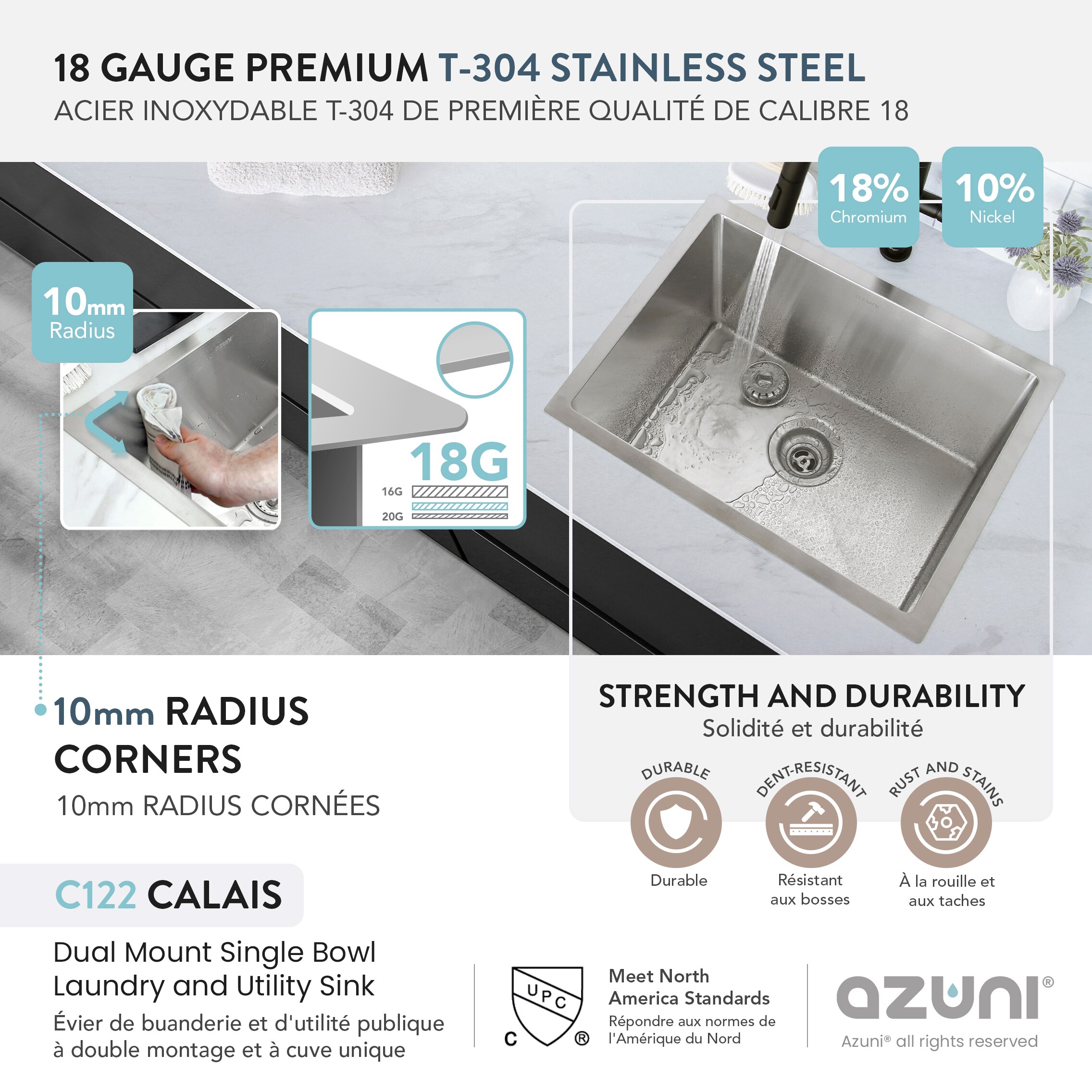 Azuni 22" Stainless Steel Single Bowl Laundry Sink with Dual Mount Installation