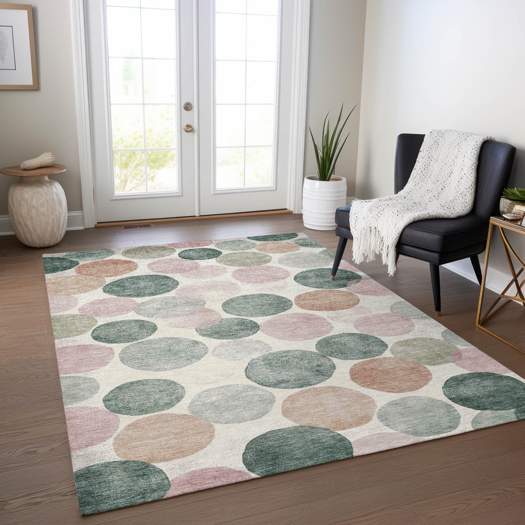 Salmon and Green Synthetic Rectangular Washable Area Rug