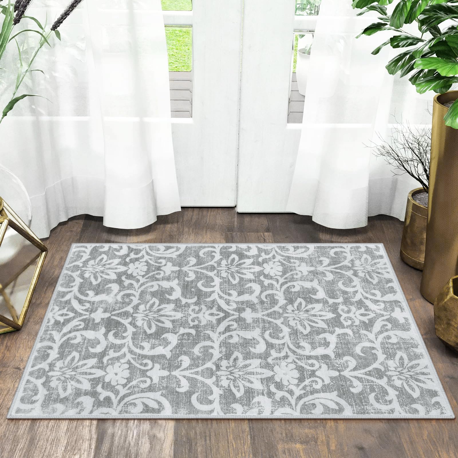 Lahome RR-DYR-012-K3 2 x 3 (ft) Light Gray Palace Floral Short Pile Velvet Rectangular Indoor Area Rug