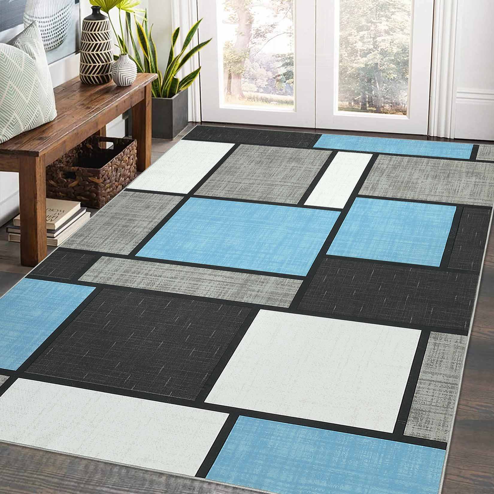 Garvee YXY-LO-PHO-11WLON3O 8 x 10 (ft) Loomed Light Blue Rectangular Indoor Geometric Mid-Century Modern Machine washable Pet Friendly Area rug