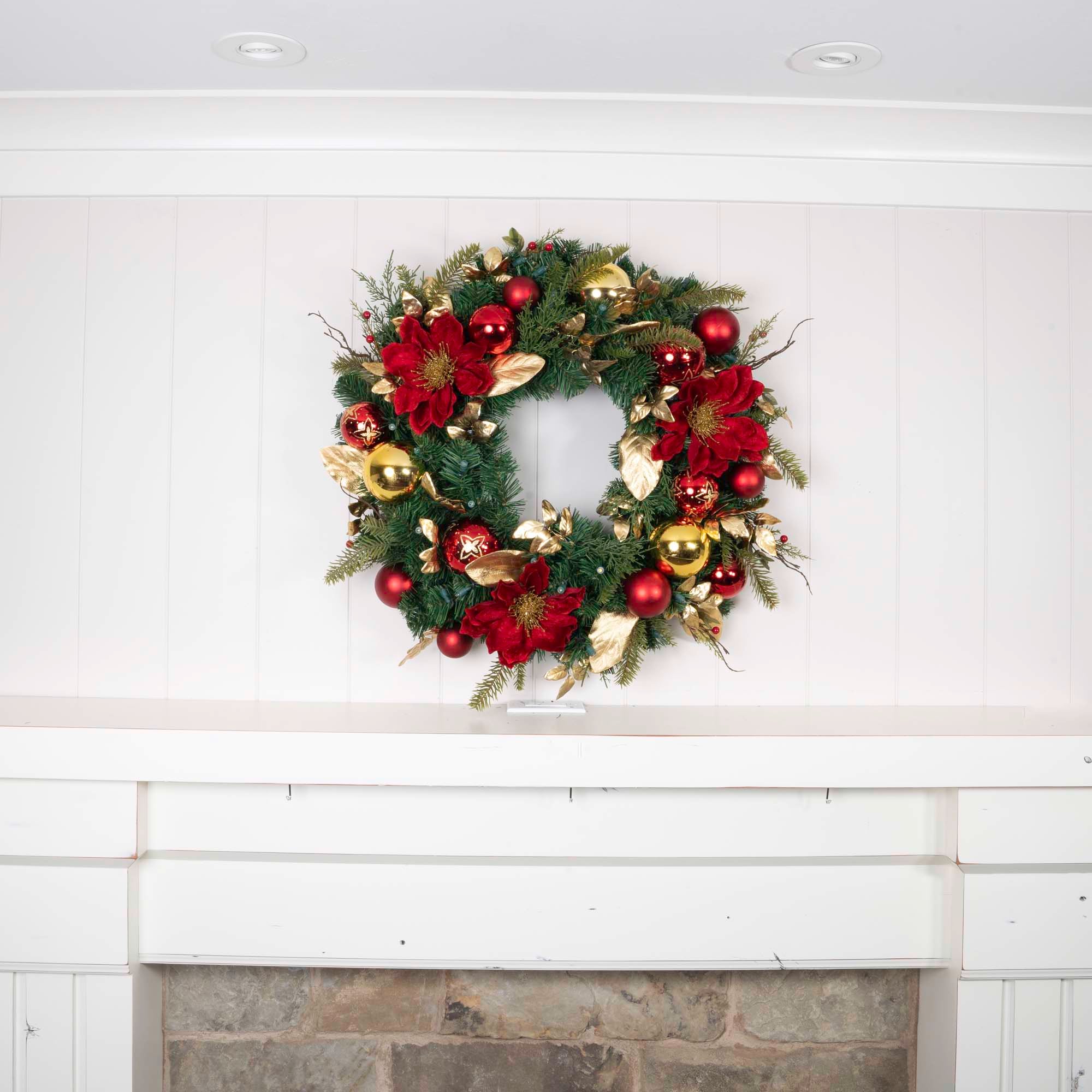 Golden Leaf Red Magnolia 30'' Artificial Christmas Wreath with LED Lights