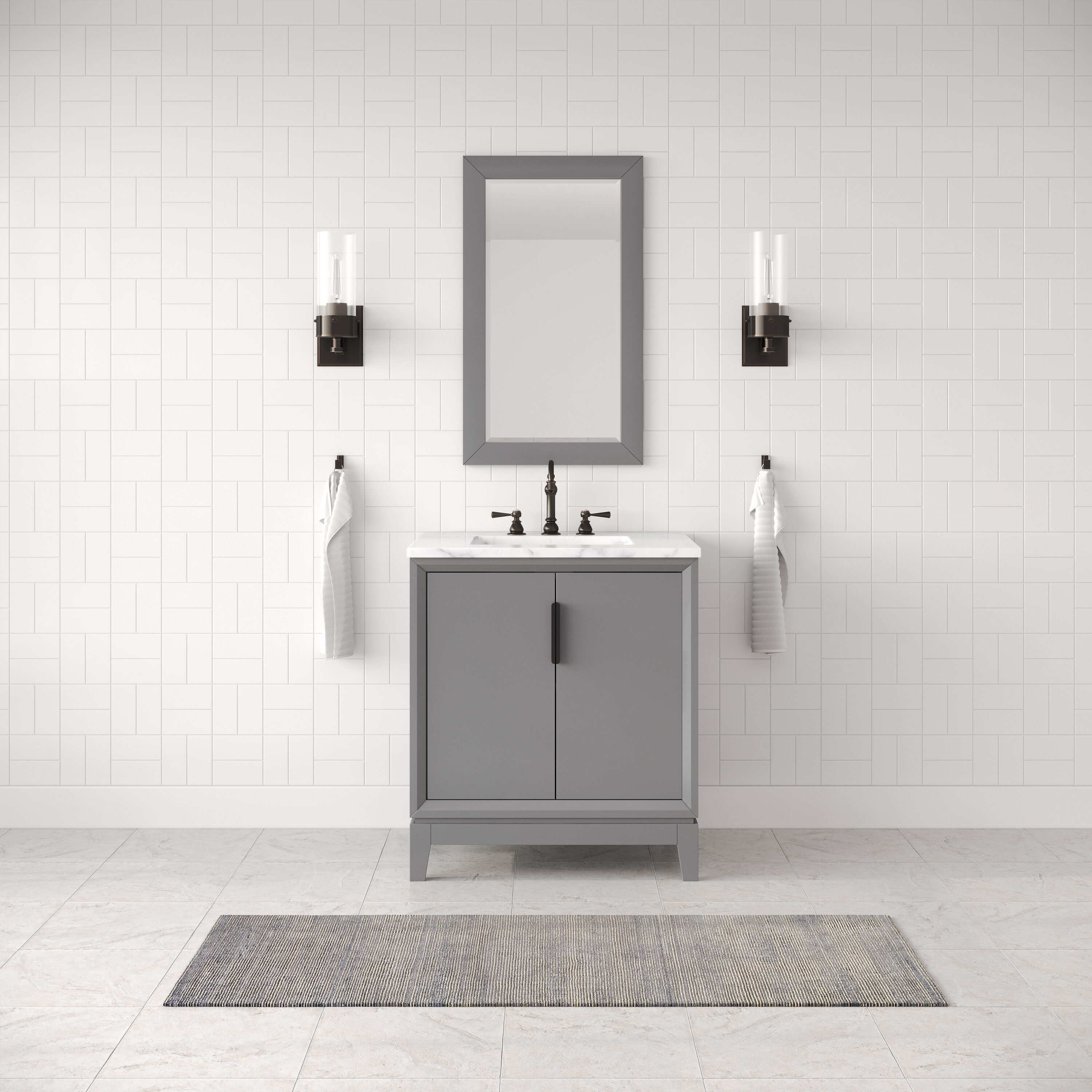 Water Creation VEL030CWCG27 Elizabeth 30-in Cashmere Grey Undermount Single sink Bathroom Vanity with Carrara White Natural marble Top (Faucet Included)