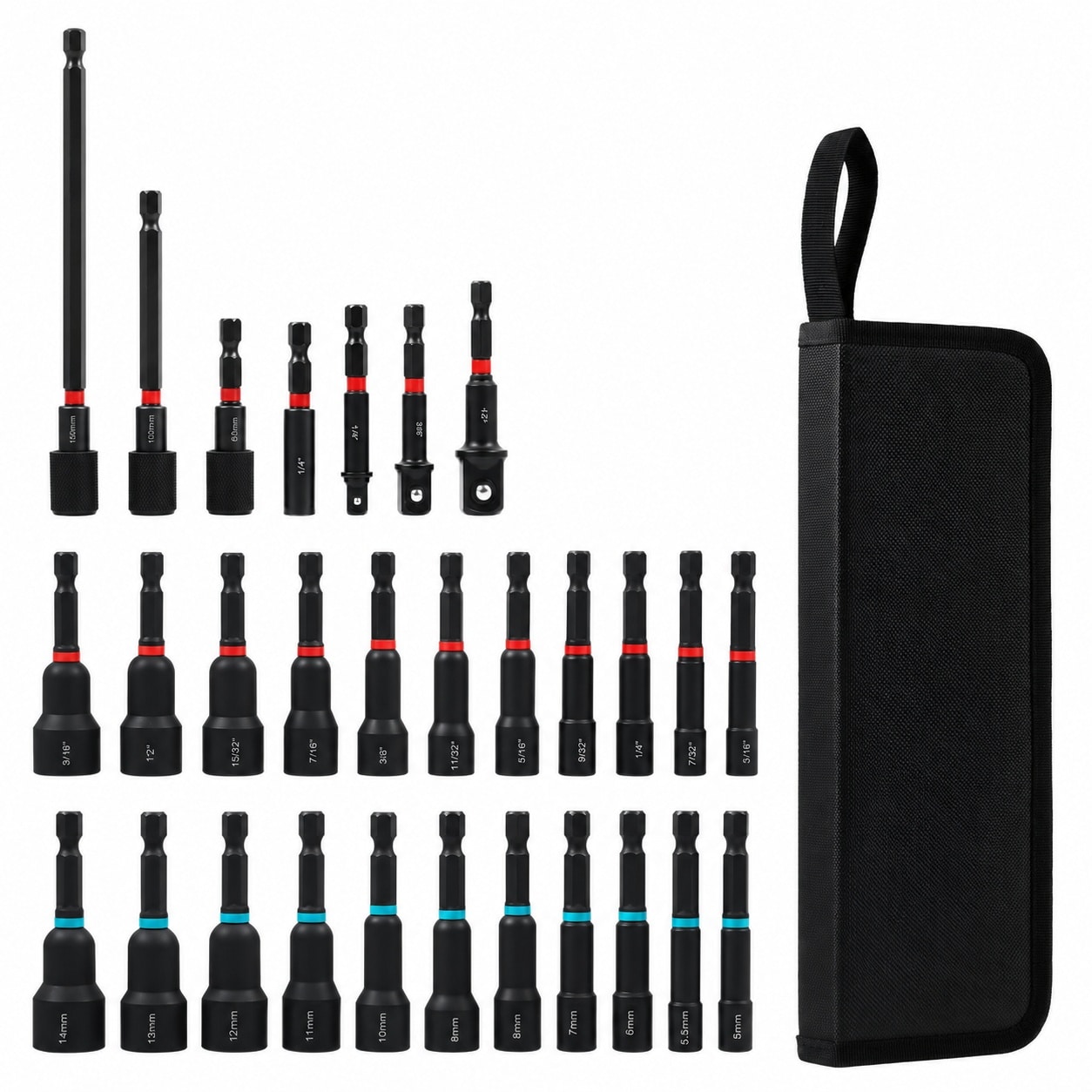 Adrinfly  29 Piece Magnetic Nut Driver Set Impact Drill Driver Bits 1 quarter Inch Hex Shank SAE Metric Cr V Steel Quick Release Extensions