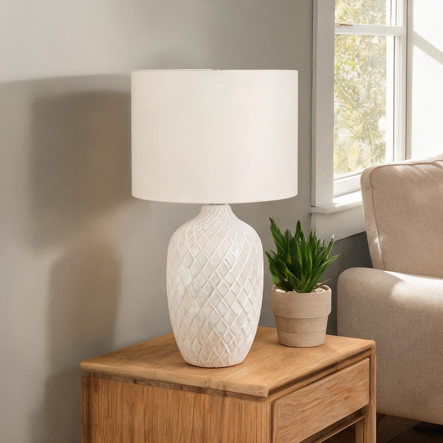 Watnature - Cream ceramic ginger jar table lamp in neutral beige 25-inch transitional
