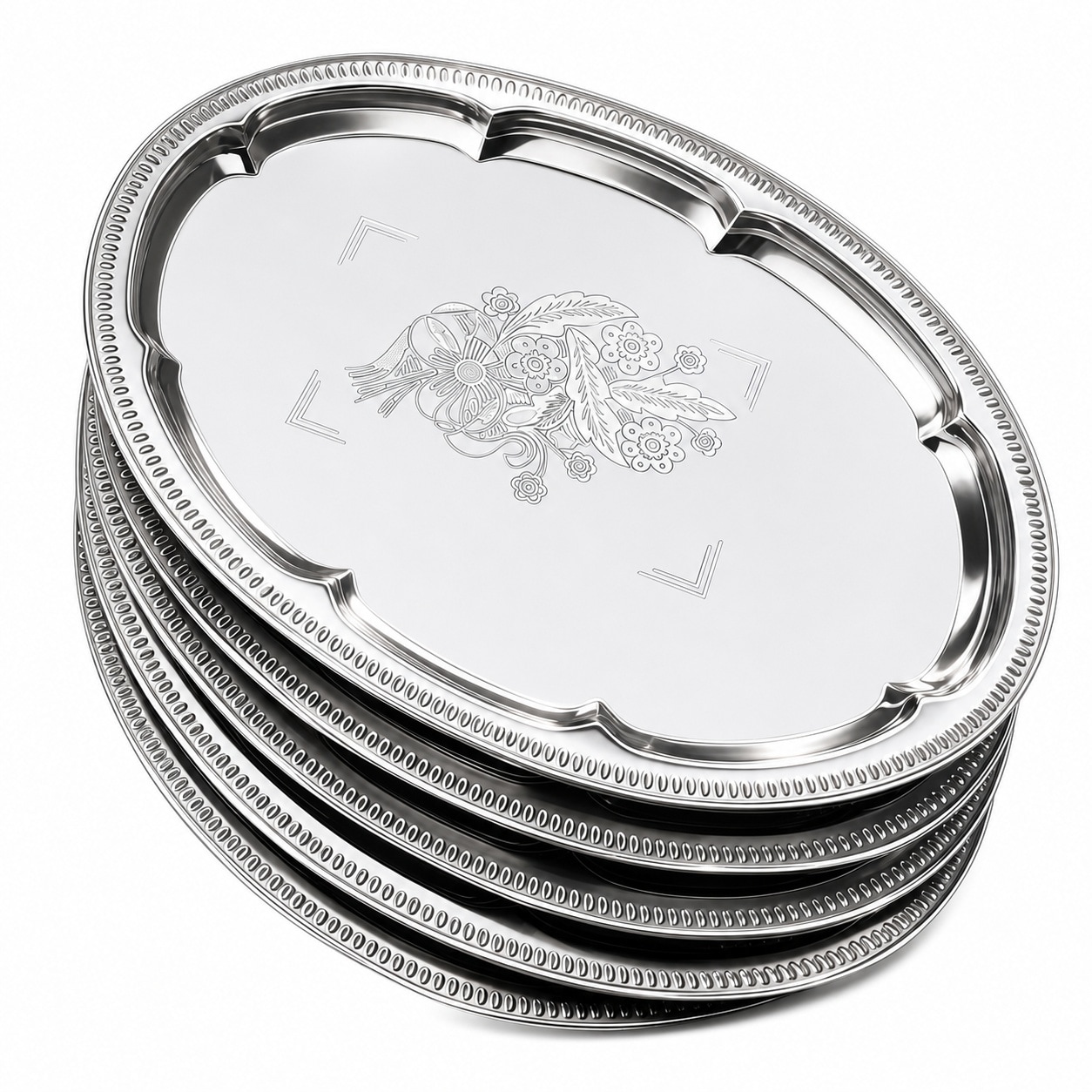 Aoibox  16 in x 12 in Oval Silver Mirror Finish Floral Engraved Metal Serving Tray Set Set of 6
