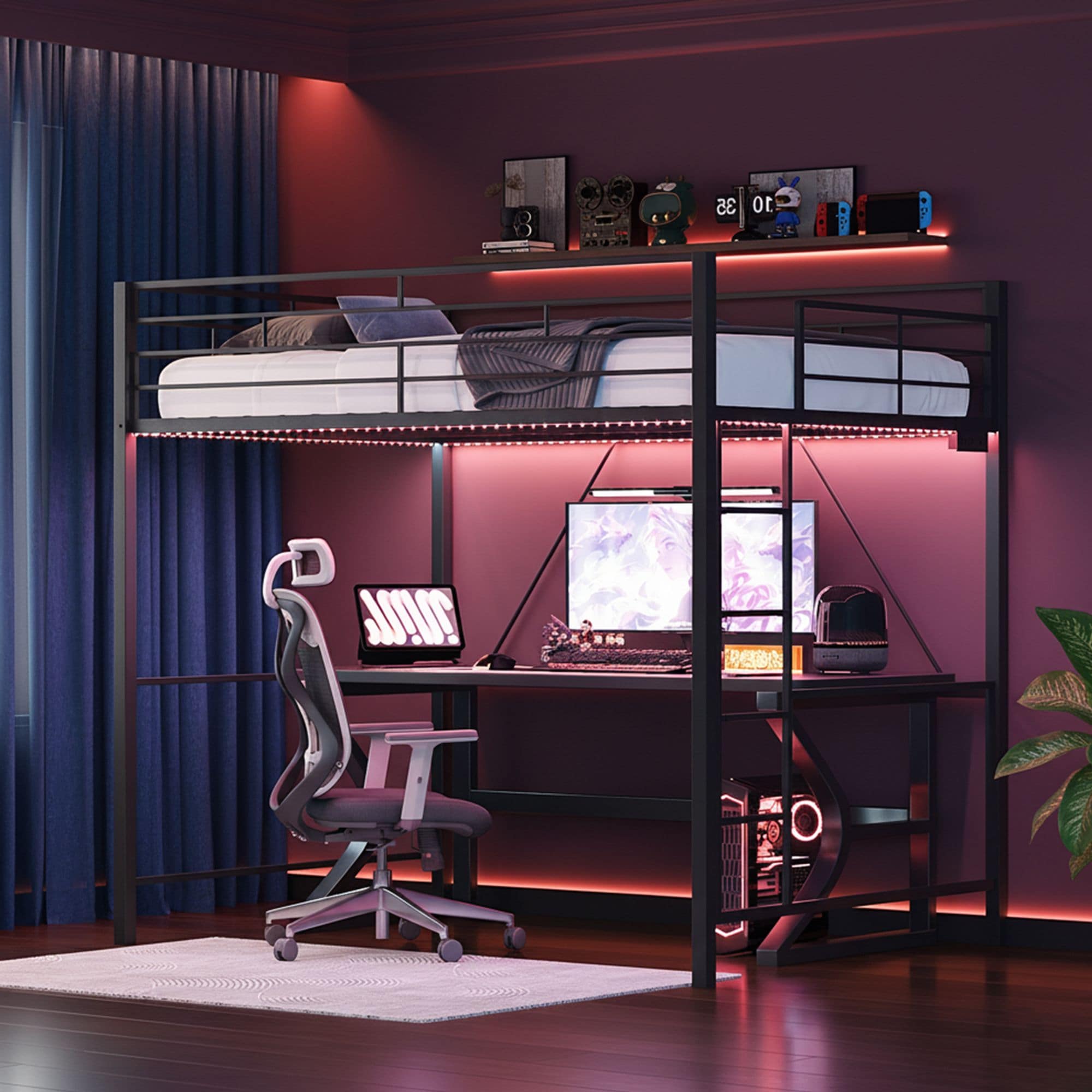 Winado Heavy Duty Metal Loft Bed with Desk and LED Lights Charging Station for Teens and Adults