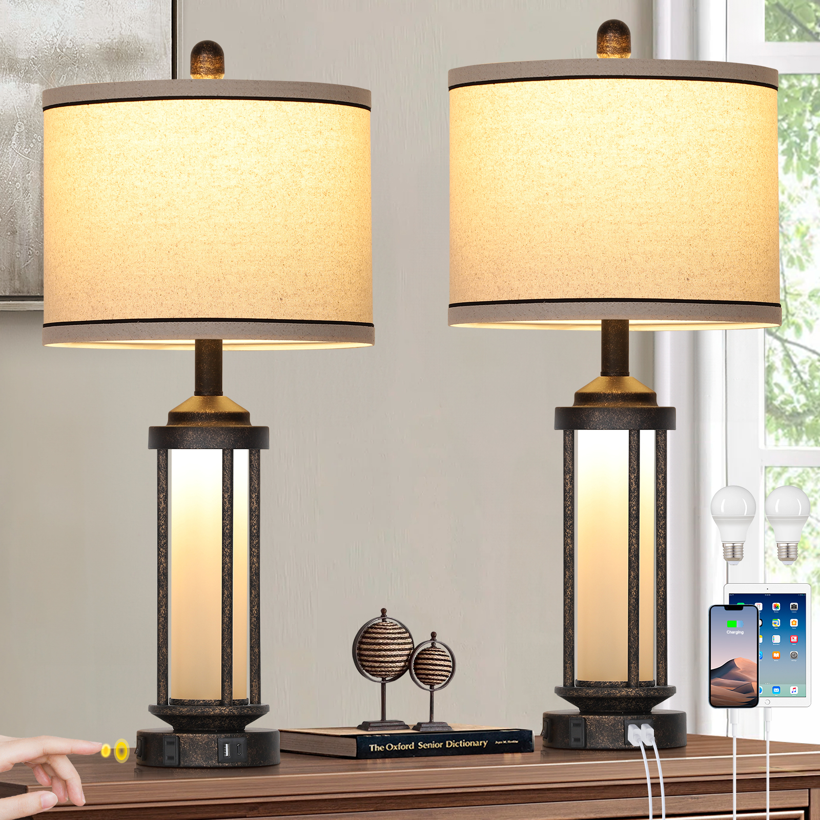 UrFurnishings TD-379 Modern 26.25-in Black LED Incandescent On/Off switch Table Lamp with Linen Shade