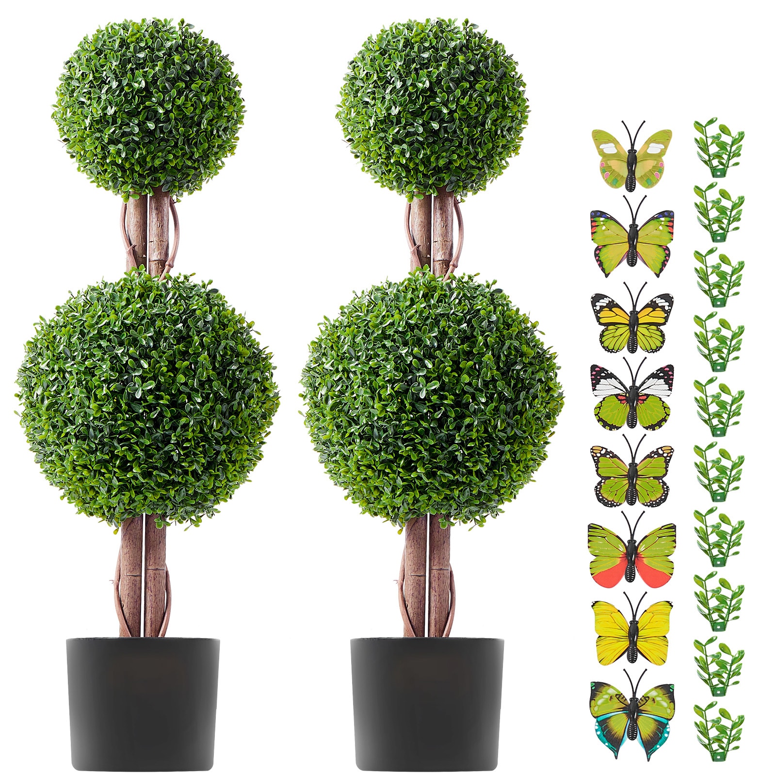 VEVOR SCHYMRGXJS4806005V0 Artificial Boxwood Topiary Tree  48 inch Tall (2 Pieces)  Double Ball Faux Topiary Trees  Faux Plant w/ Extra Leaves and Pot and Small Decoration  UV Rated Set for Home Decor Indoor/Outdoor