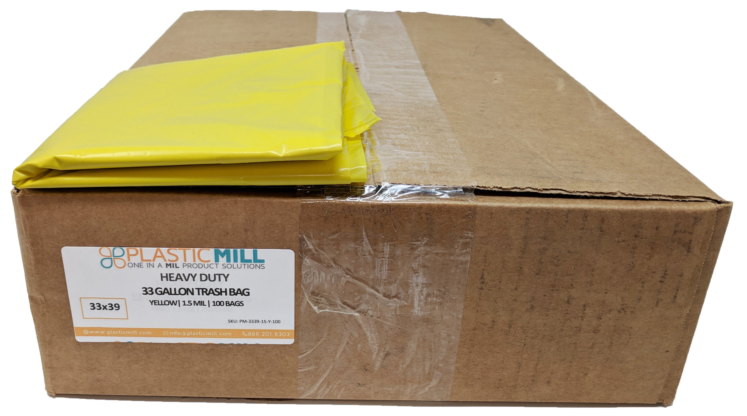 PlasticMill 33 Gallon Yellow 1.5 Mil 33x39 100 Bags/Case Garbage Bags/Trash