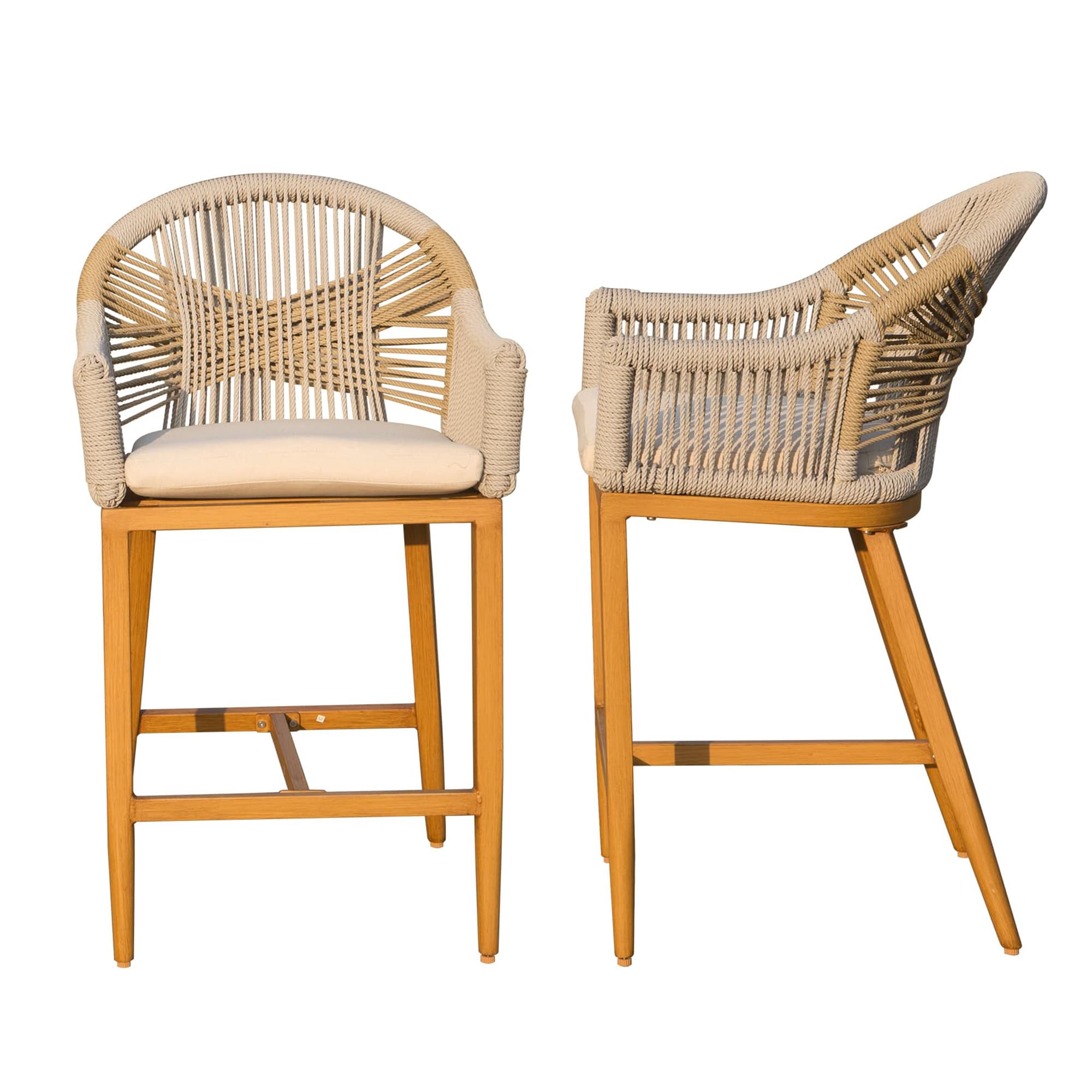 Clihome CL-CPL-97313 2 Piece Outdoor Counter Height Bar Stool Set Set of 2 Brown Aluminum Frame Stationary Bar Stool Chair with Brown Woven Seat