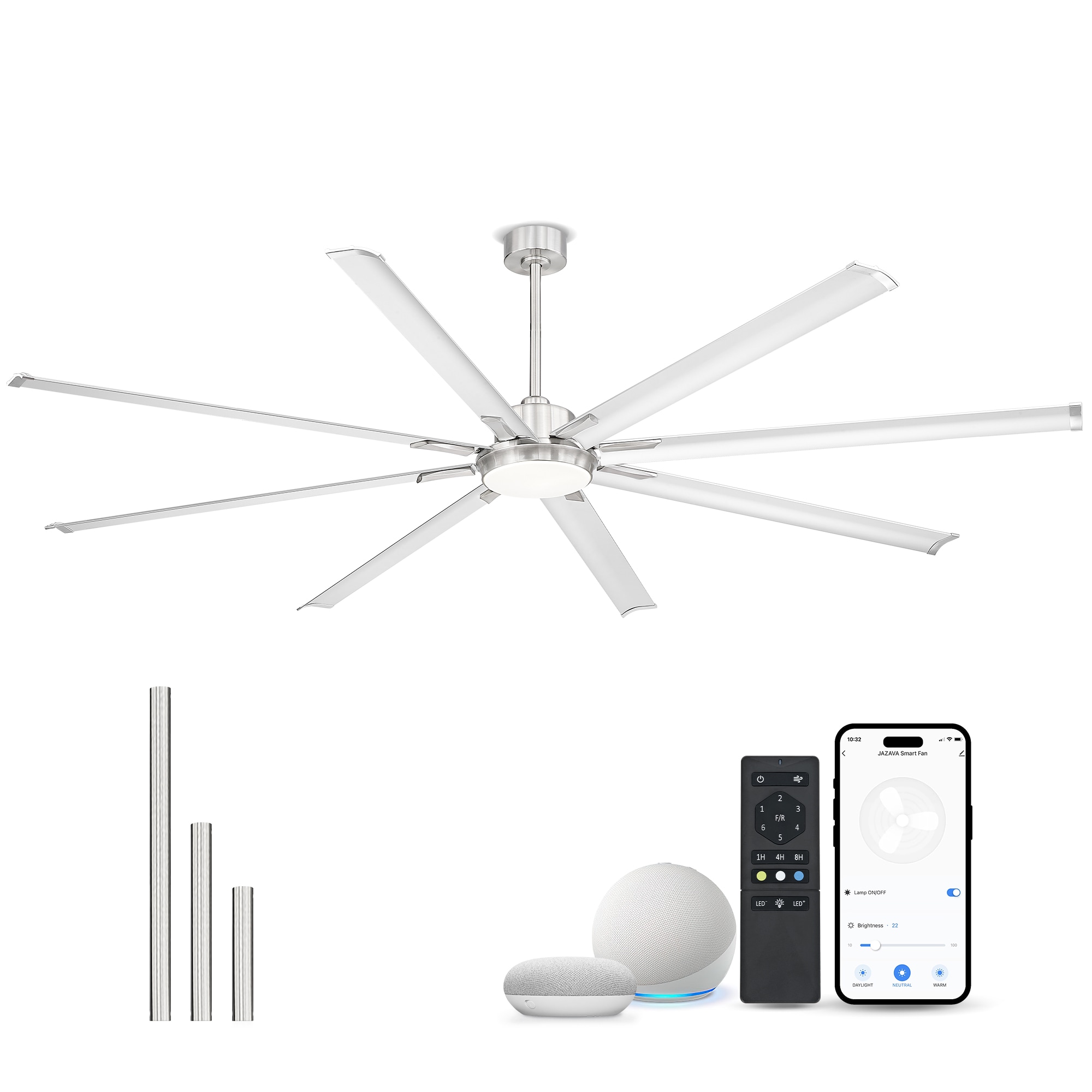 LTMATE LSLT-ZCCF04BN-96 JAZAVA 96-in Color-Changing Integrated LED Outdoor Smart Brushed Nickel with Brushed Blades Ceiling Fan Light Kit Compatible - Remote Included ( 8 -Blade )