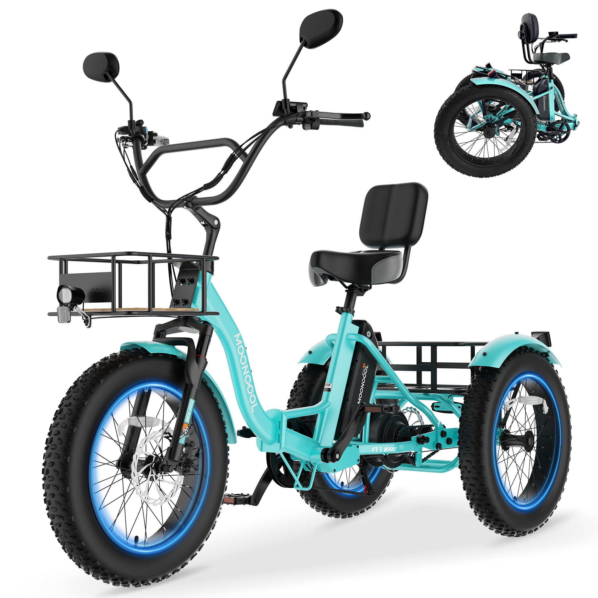 MOONCOOL  Foldable Electric Tricycle for Adults 20 Inch x 4 Inch Fat Tire Electric Trike 48V 500W 3 Wheel Electric Bike 7 Speed E Trikes with Removable Battery Aluminum Frame Large Basket Cyan