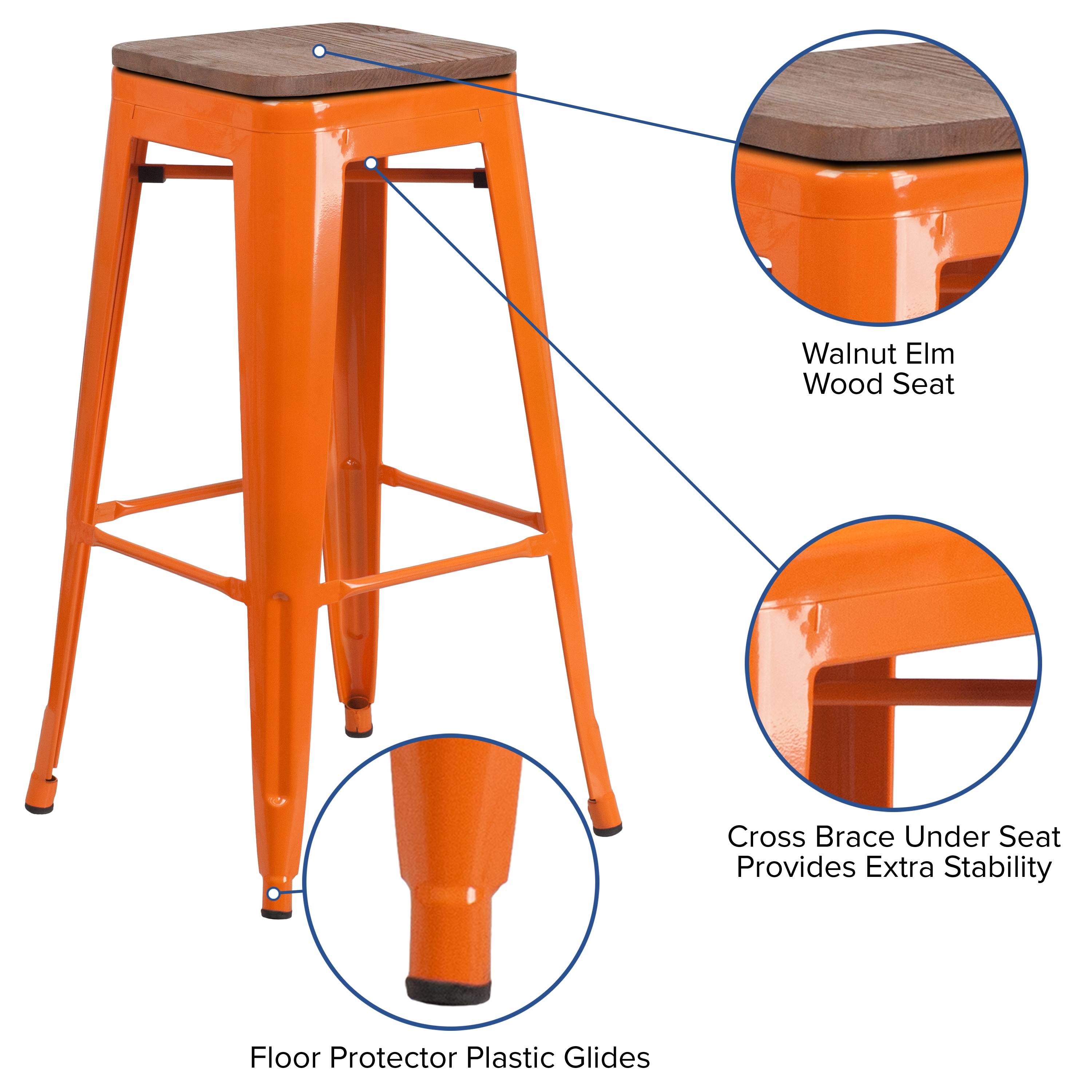 Lily 30" High Backless Orange Metal and Wood Barstool