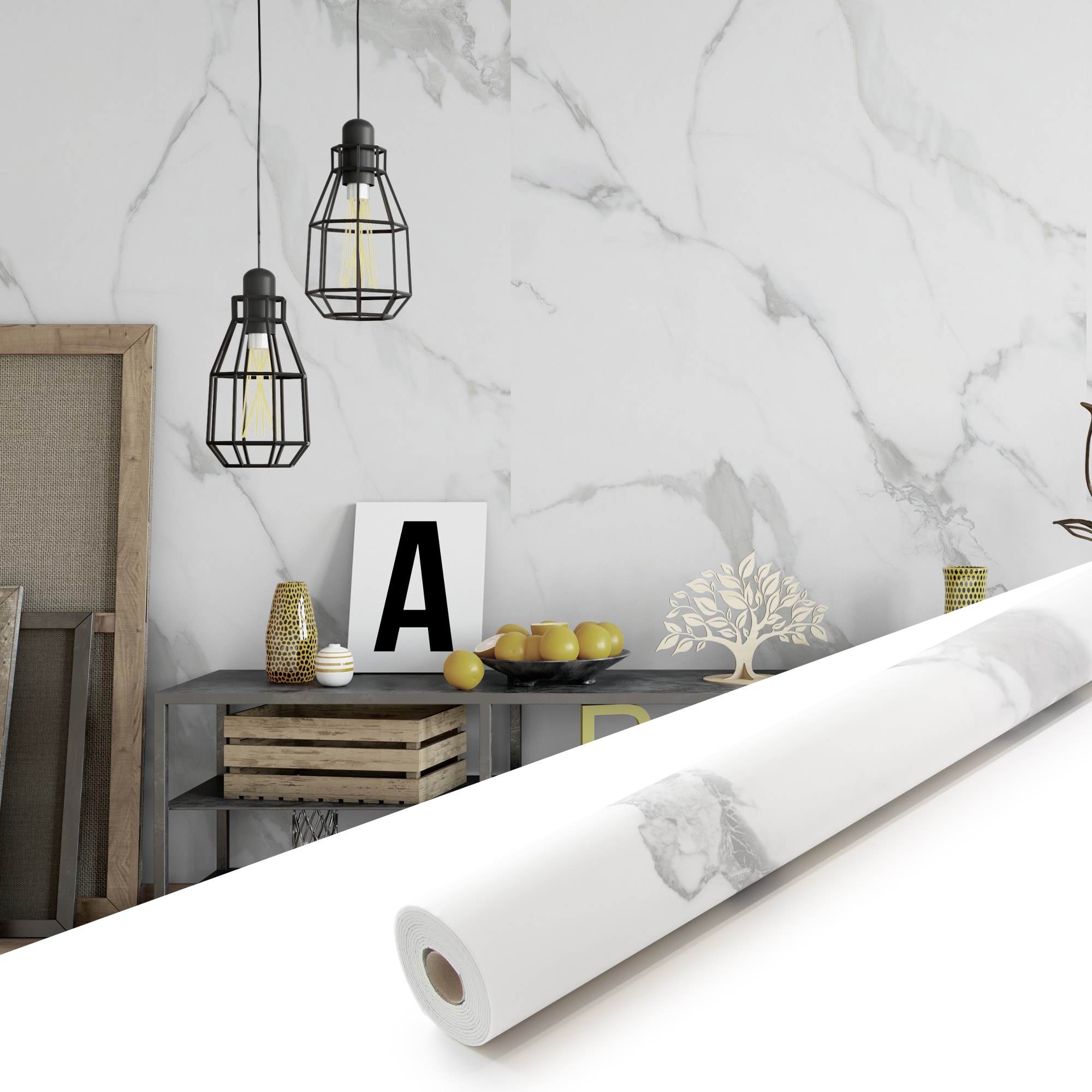 SUNWINGS - Marble-Look 38.75-sq ft Matte Carrara White Vinyl Abstract Self-adhesive Peel and Stic...