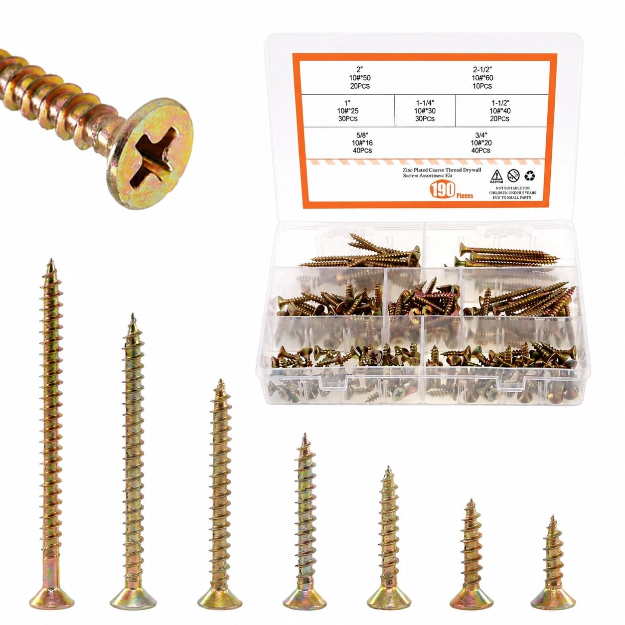 KHKFY  190 Piece Wood Screws Assortment Kit Zinc Plated Phillips Flat Head Sizes Five Eighths to Two and a Half Inches durable