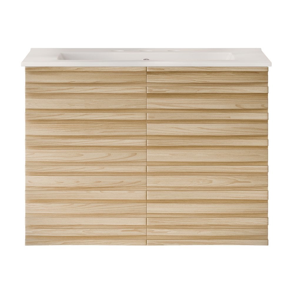 Swiss Madison - 30 WallMounted Bathroom Vanity in Natural Oak with 3Hole Widespread Sink Top