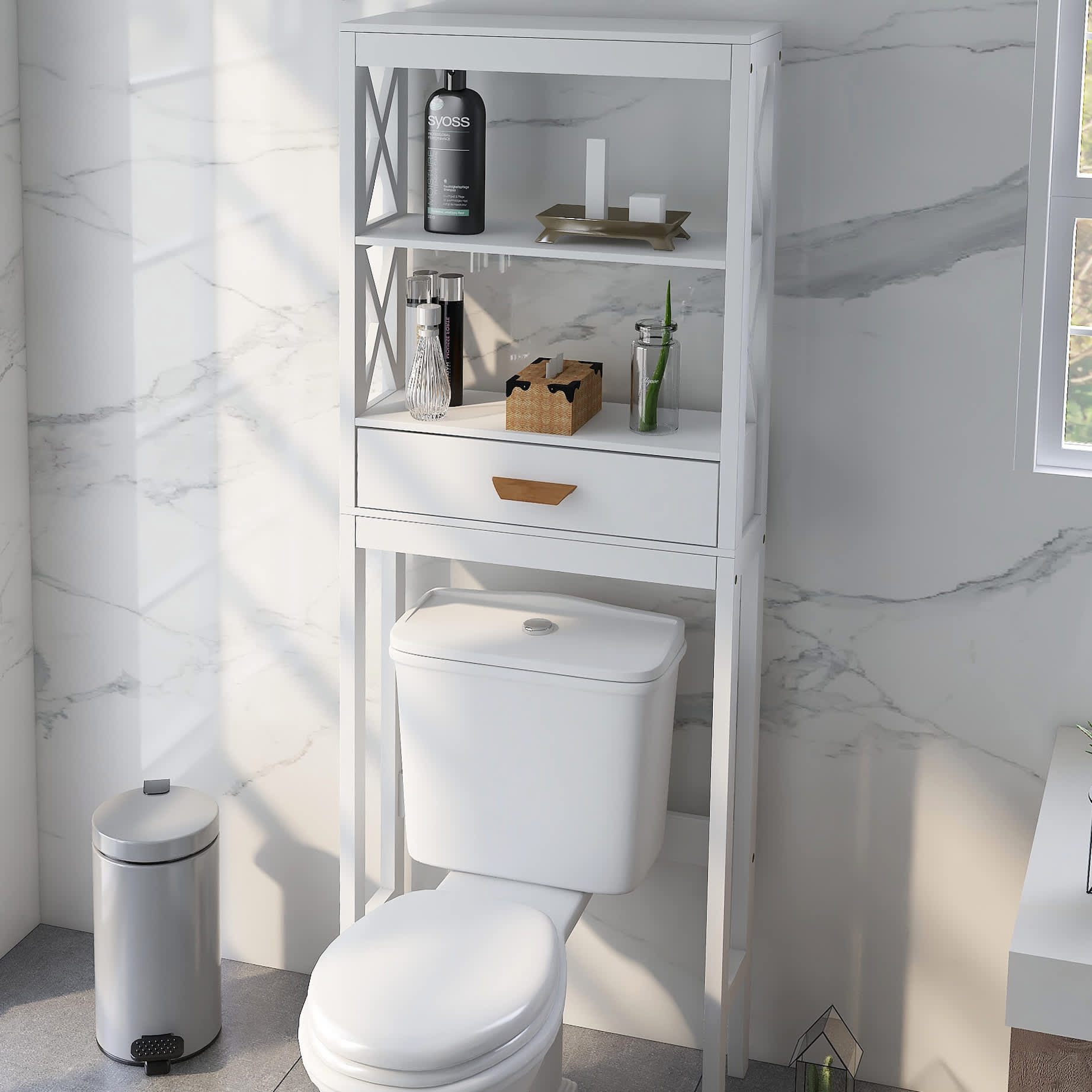 Garvee Bathroom Over The Toilet Storage Cabinet Freestanding Above Toilet Space Saver Organizer with 1 Drawer and 2 Open Shelves Modern Wooden Toilet Rack for Bathroom