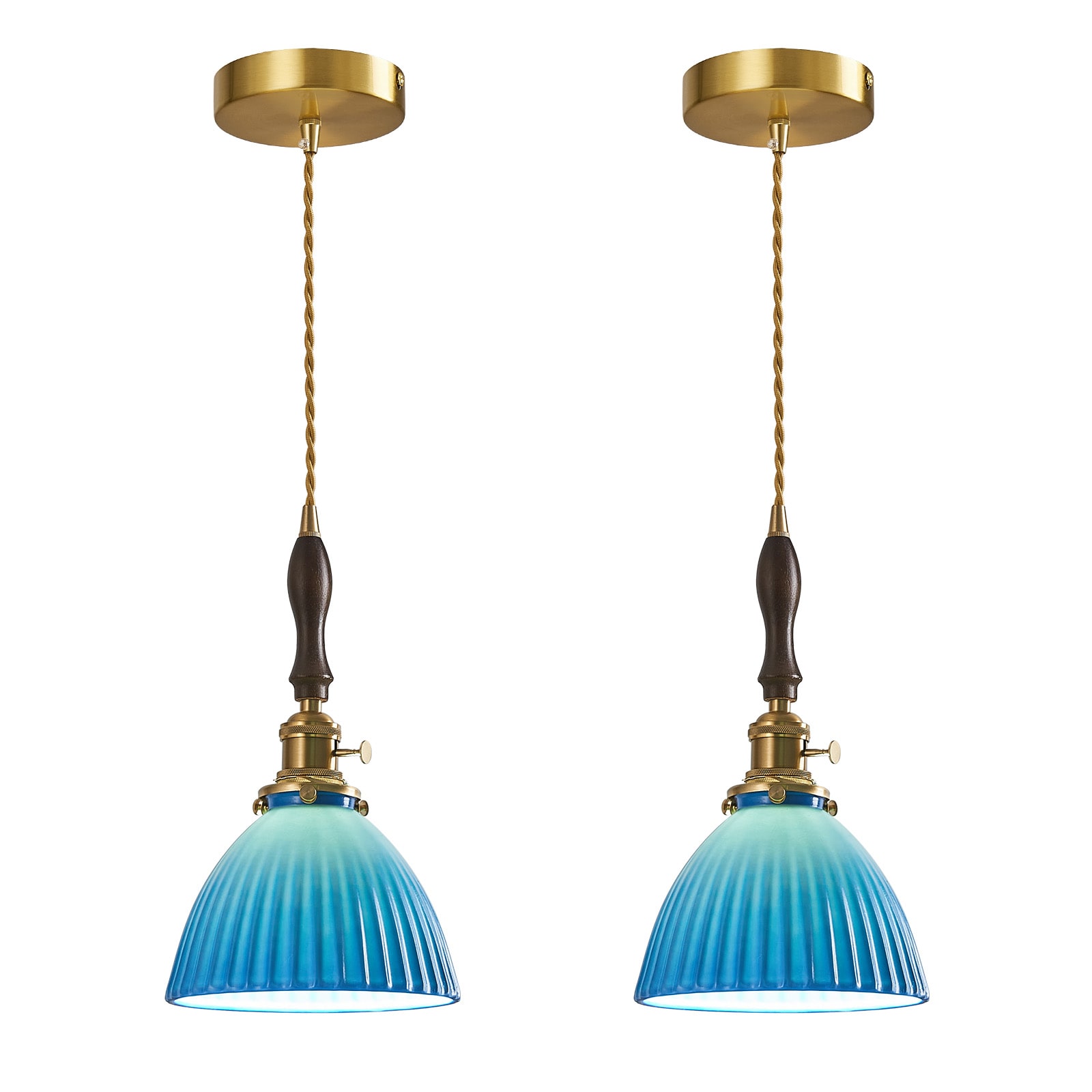 ZHLLMQ Modern 1-Light 2Pack Blue Striped Ceramic Dome Walnut Wood Non Integrated LED 6.88in Kitchen Hardwired Pendant Light