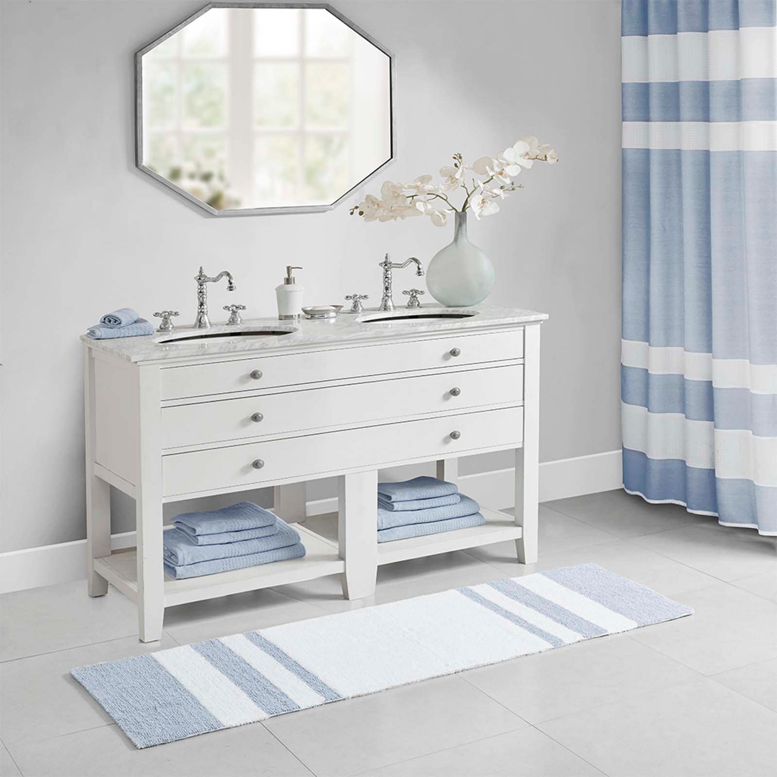 24-in x 72-in Blue and White Cotton Tufted Reversible Bath Rug Tufted Bath Rugs Carpet Mats Plush Carpet for Bathtub and Shower Floor