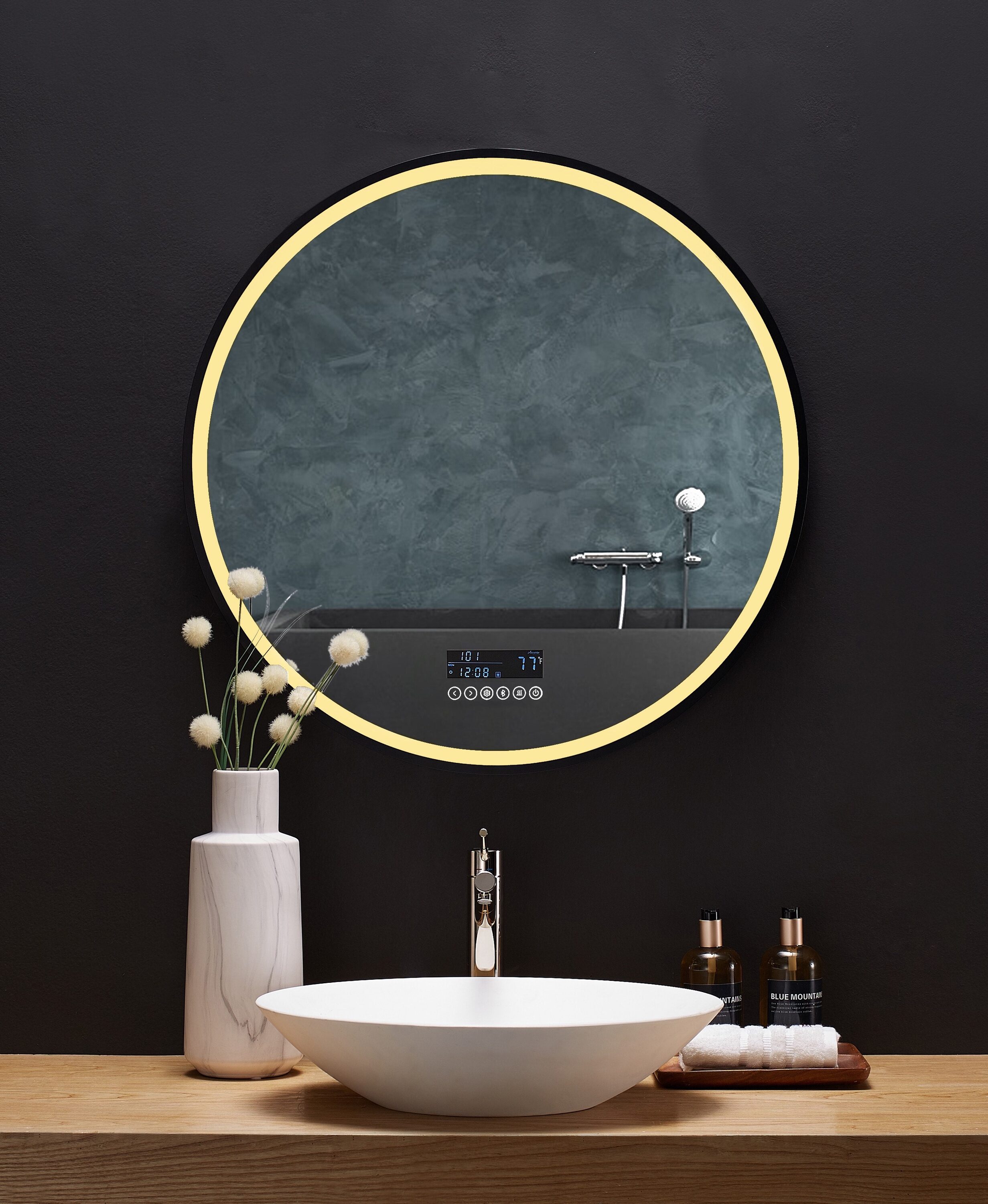 Round Black LED Bathroom Vanity Mirror with Bluetooth and Digital Display