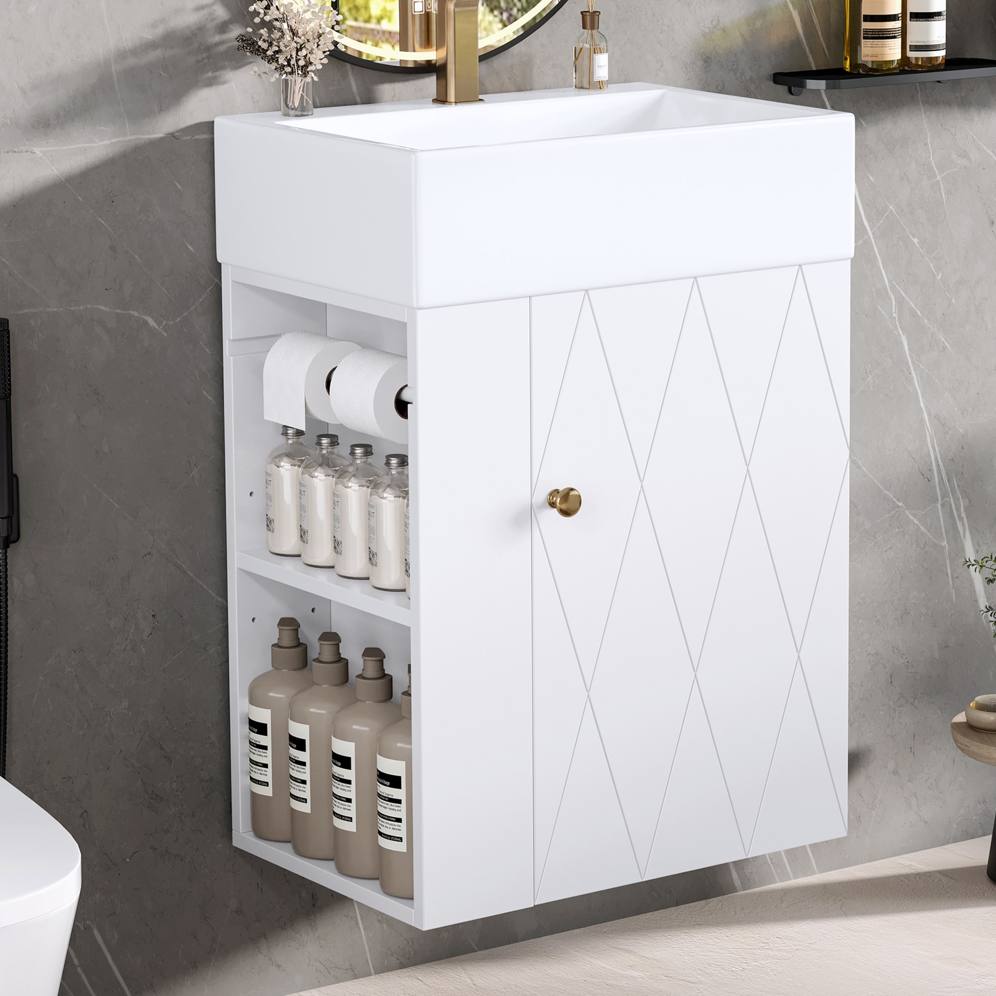 Homy Casa 20-in W White Bathroom Vanity with Soft Close Drawers Diamond Pattern Door Design Gold Handle and Side Storage Shelves