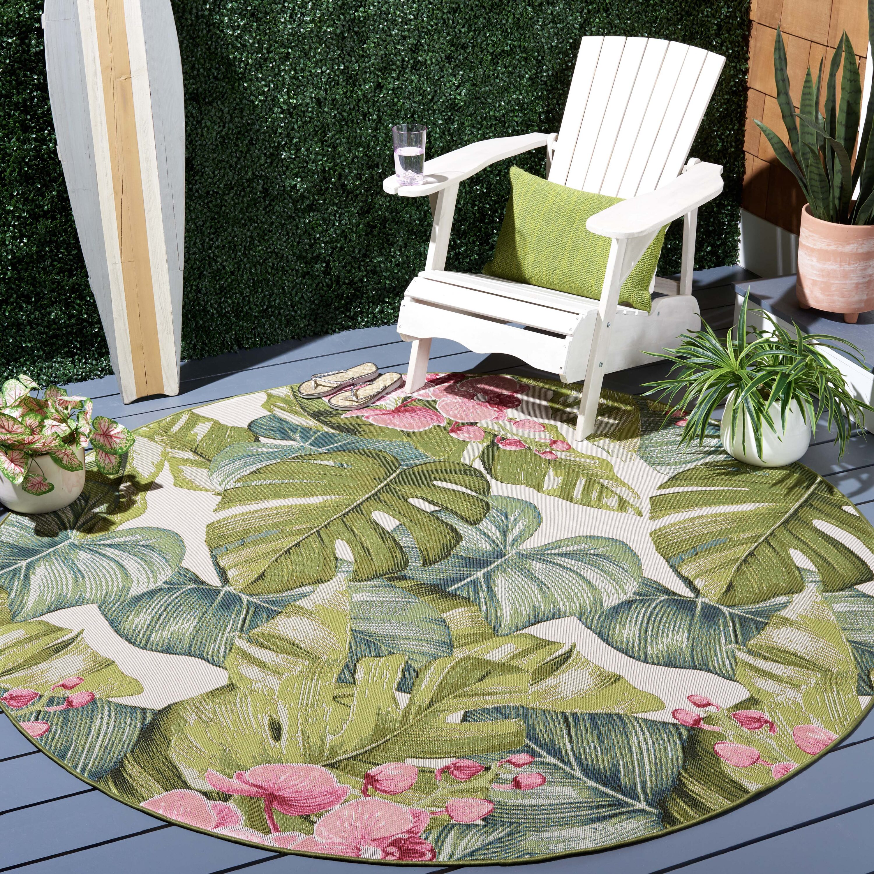 Safavieh BAR596Y-7R Barbados 7 x 7 (ft) Loomed Synthetic Green/Pink Round Indoor/Outdoor Floral Tropical Area rug