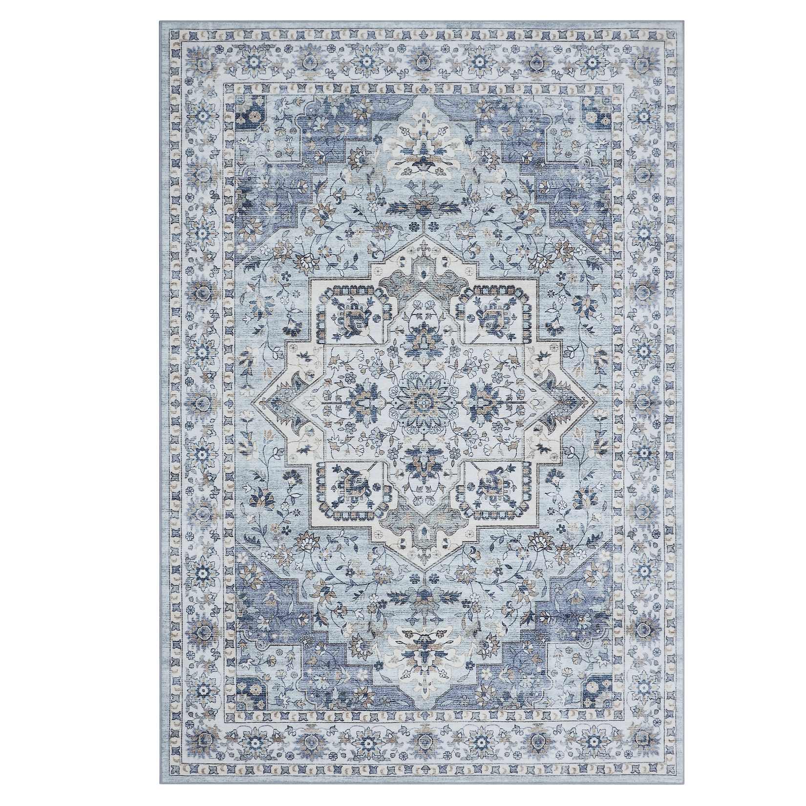 Qeetex LSN-PHO-34Q7HTW4 9 x 12 ft Polyester Cashmere Imitation Blue Rectangular Hallway Bathroom Entryway Kitchen Office Foldable Flower Printed Persian Washable Area Rug