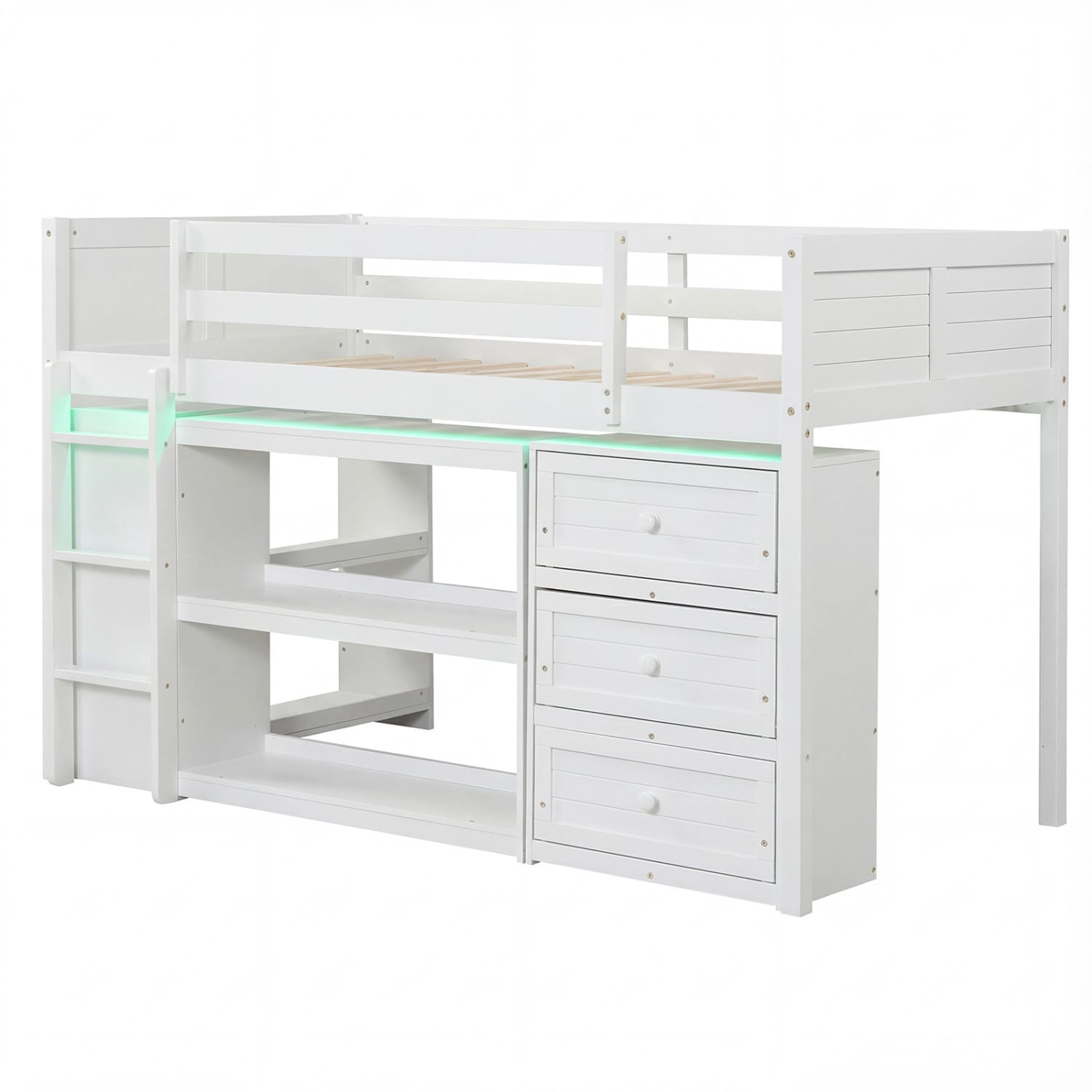 Volenca Twin Low Loft Bed with LED Lights 3 Drawers Storage Shelves and 12-in Guardrail 353-lb Pine Wood