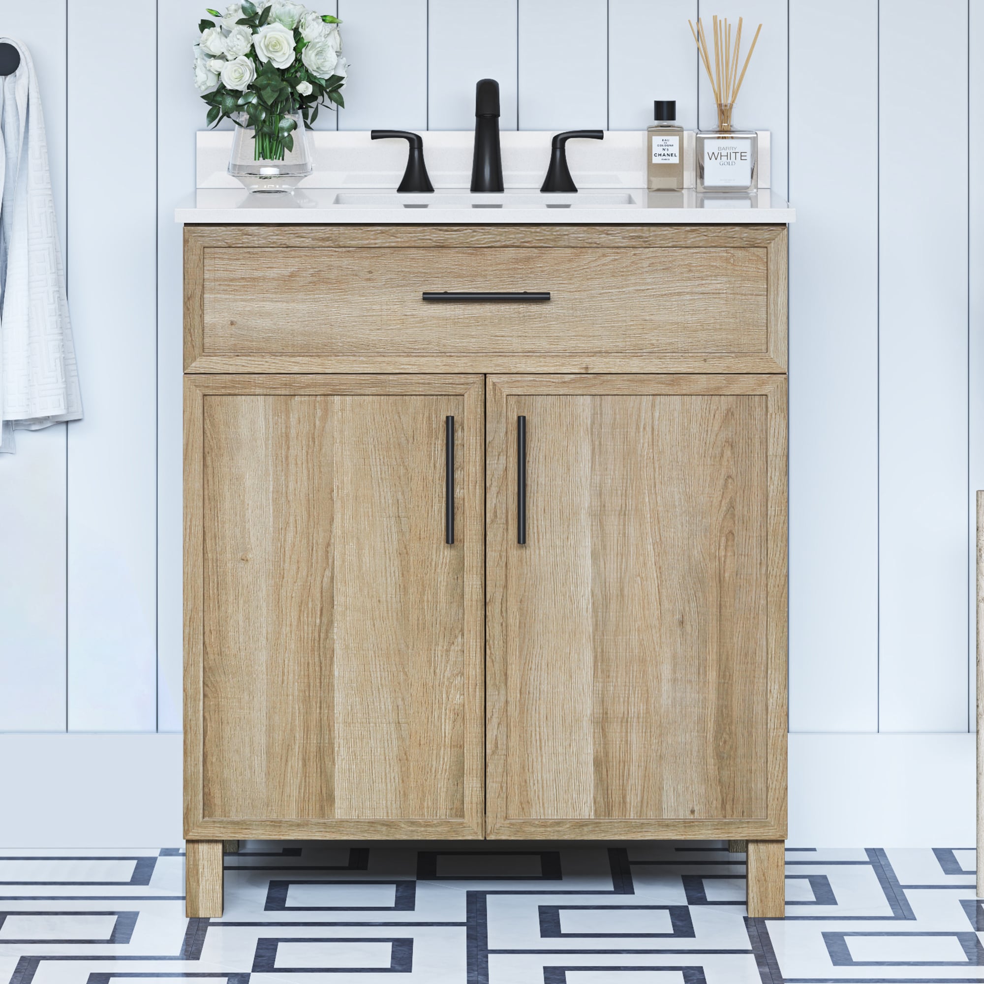 Style Selections DOLTON-30NO Dolton 30-in Light Natural Oak Undermount Single sink Bathroom Vanity with White Engineered stone Top
