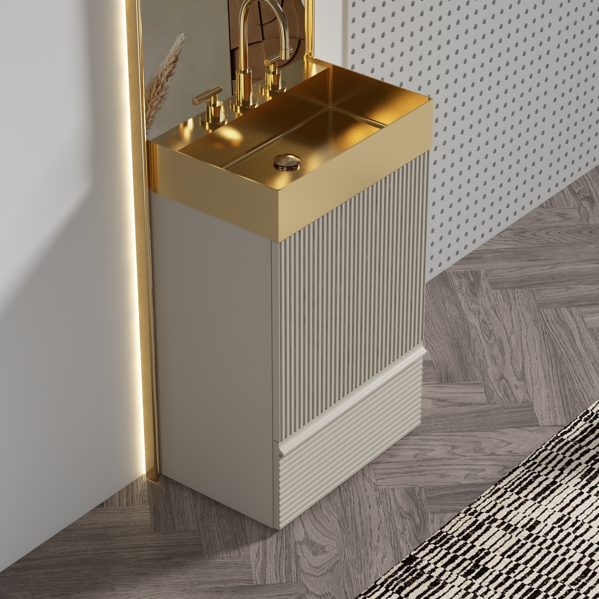 LIVACA 20 inch Beige MDF Bathroom Vanity with Integrated Brushed Gold Stainless Steel Sink and Soft-Closing Storage