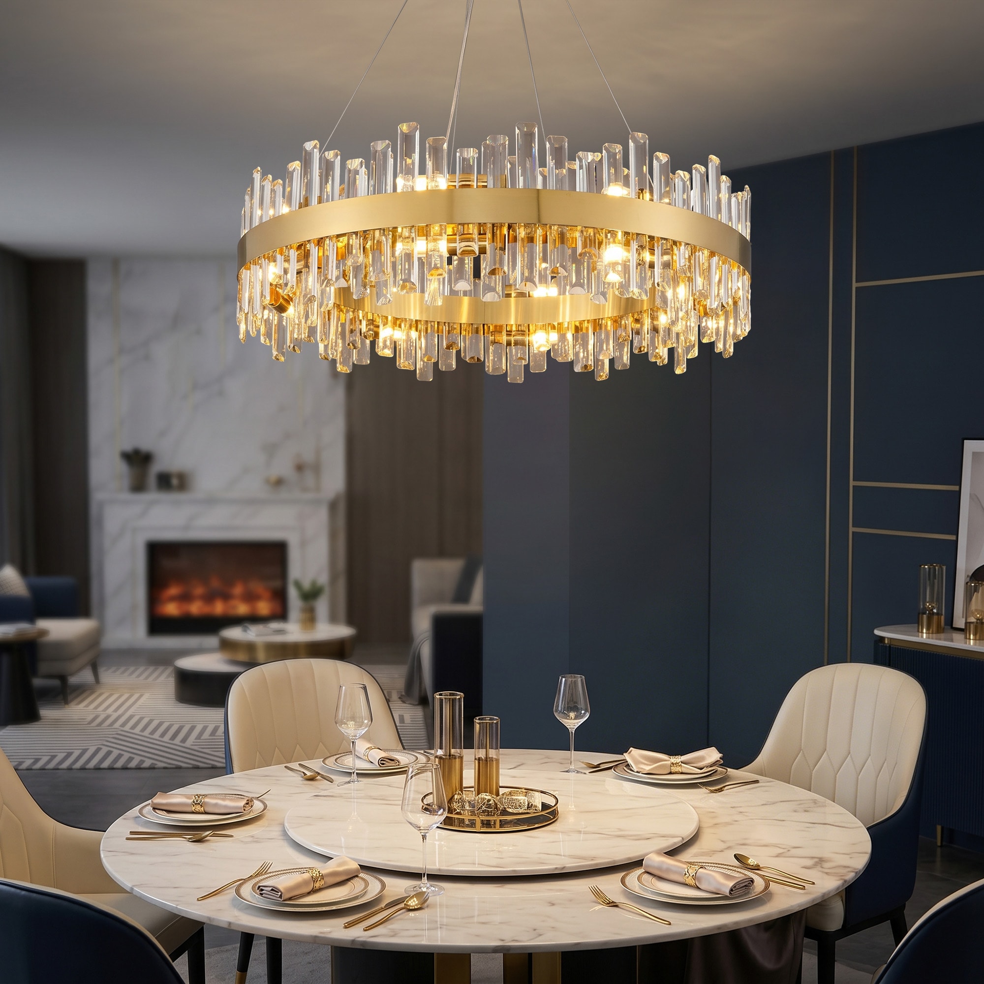 Kviflon 31.5 In Luxury Dimmable Round K9 Crystal Ceiling Light Modern Gold Chandeliers