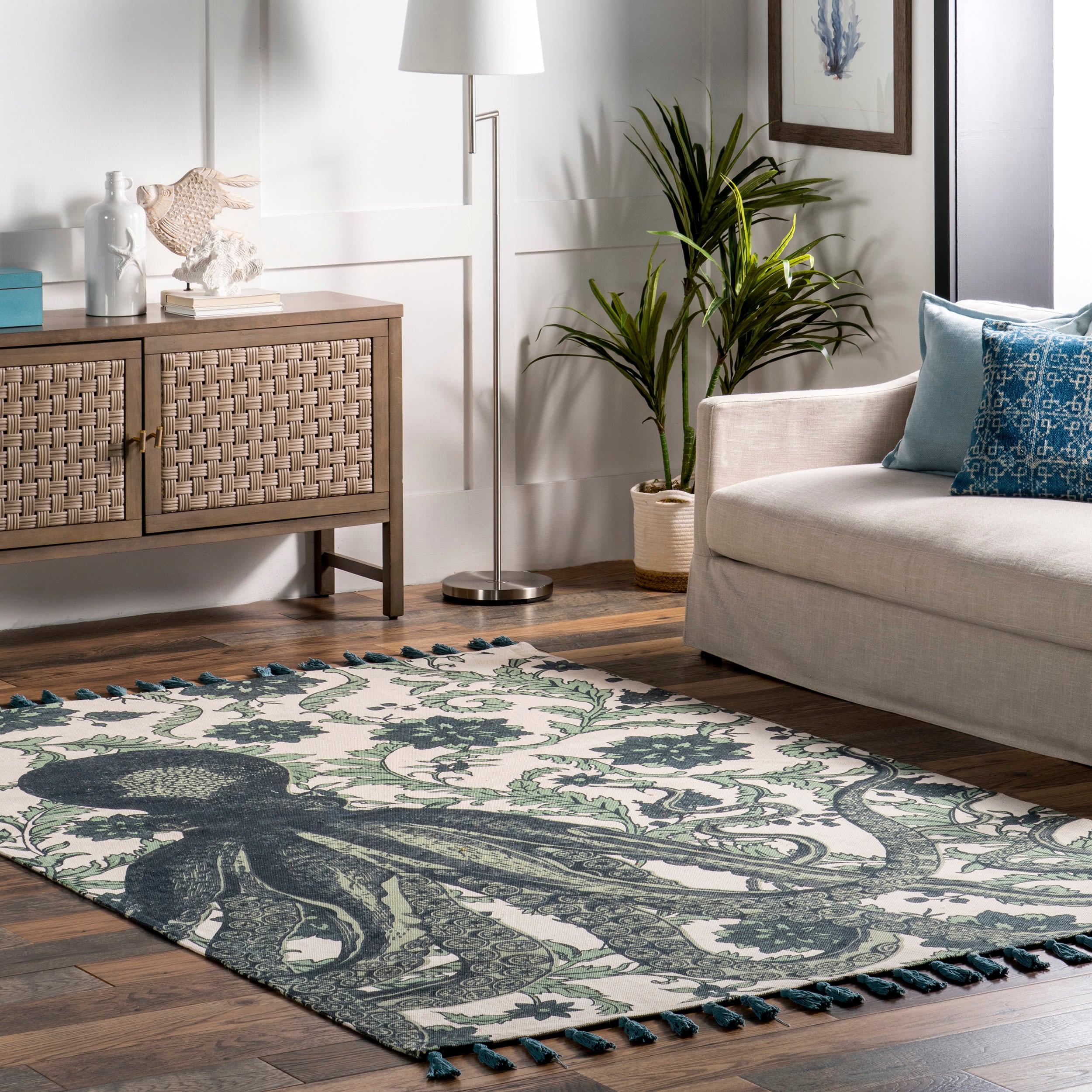 nuLOOM TATP03B-609 6 x 9 (ft) Loomed Cotton Aqua Rectangular Indoor Animal print Coastal Area rug