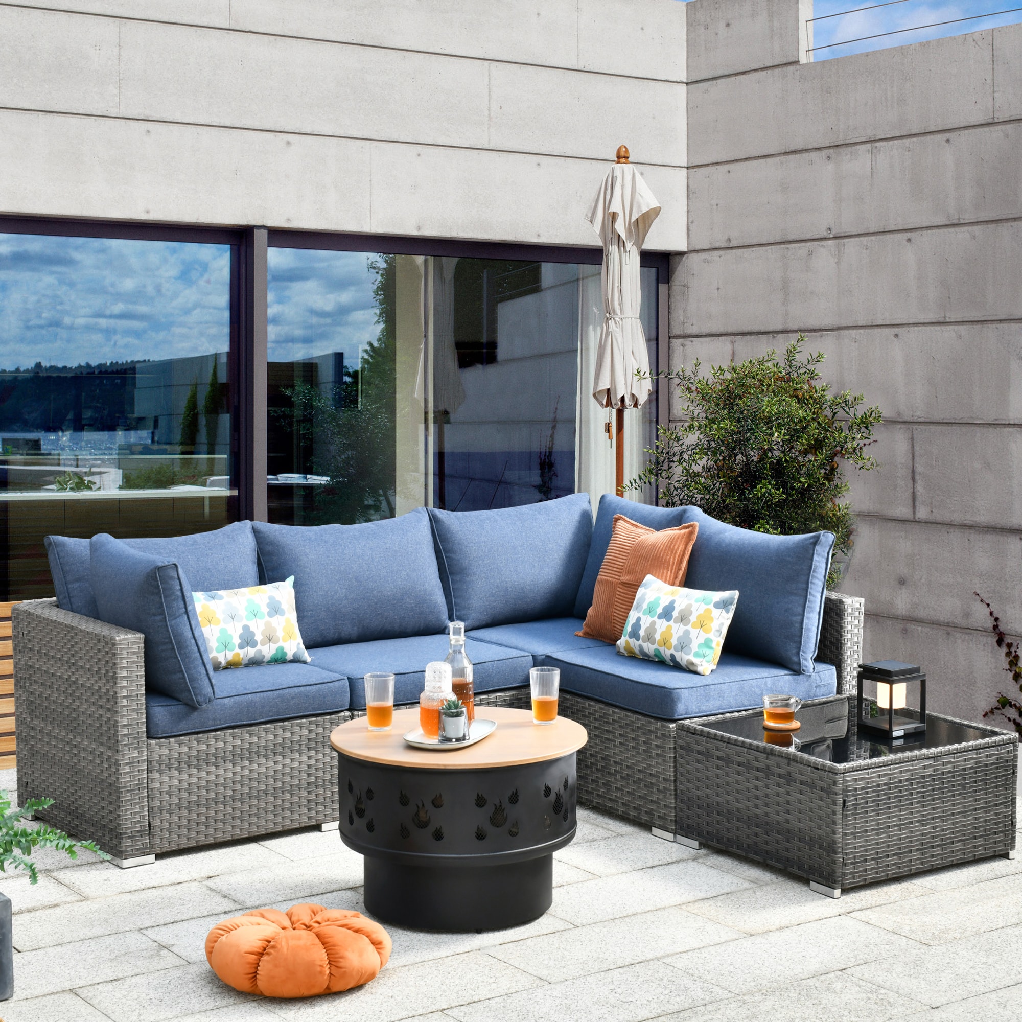 XIZZI XIHOPS3053A-YMFP Sunrise 6 -Piece Rattan Patio Sofa Conversation Set with Blue Cushions