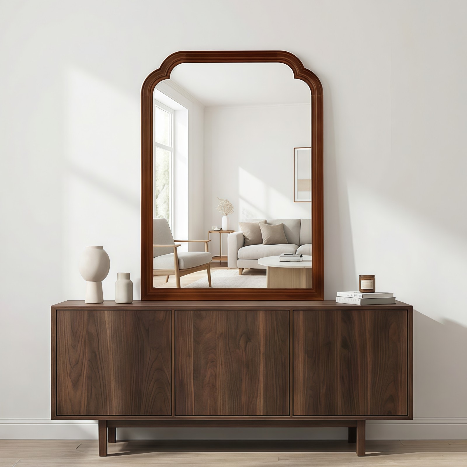 GlasFlength  24x36 Inch Black Dark Walnut Solid Wood Frame Rounded Corner Decorative Wall Mirror for Bedroom Bathroom Living Room Entryway