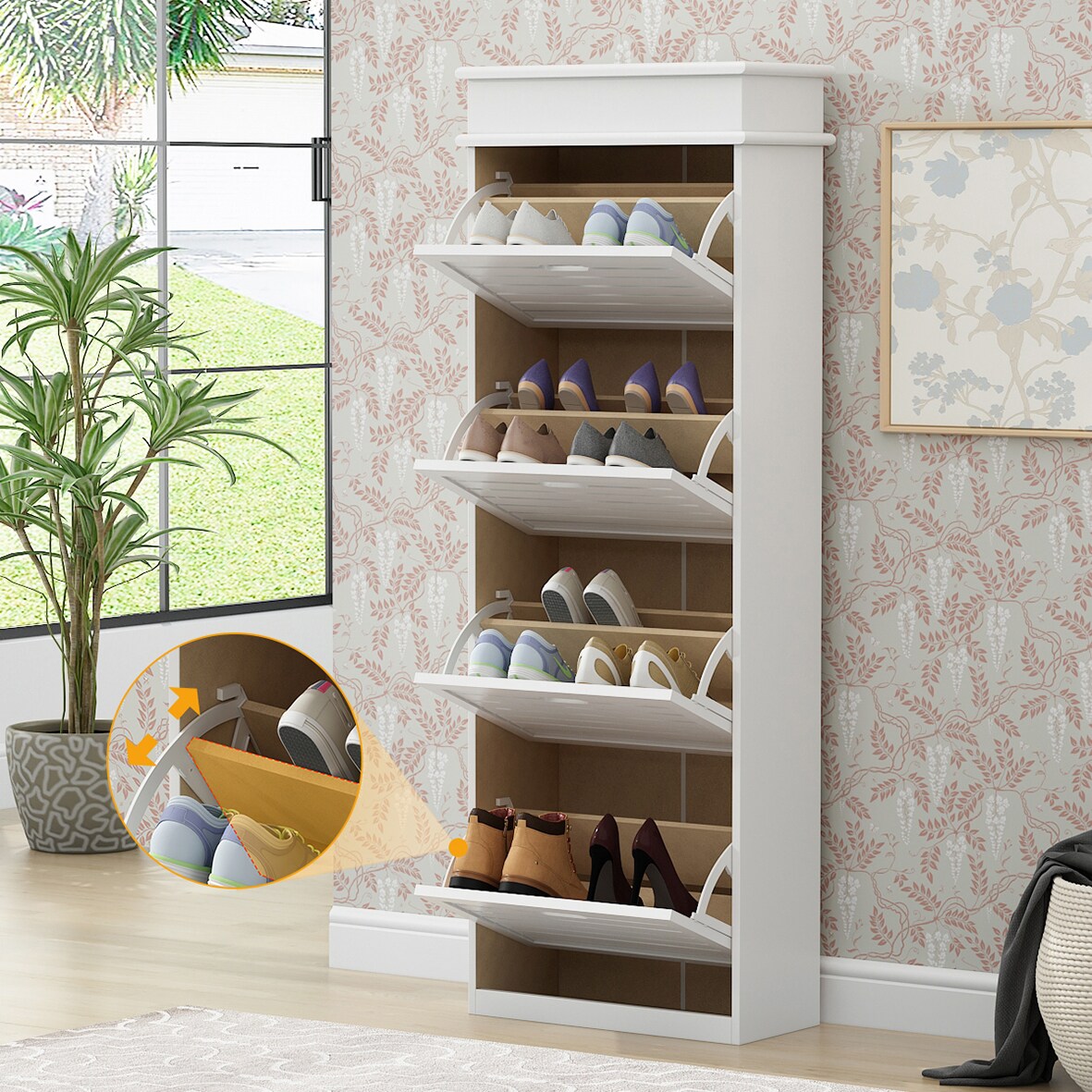 FUFU&GAGA 61-in H 4 Tier 14 Pair White Composite Shoe Cabinet in