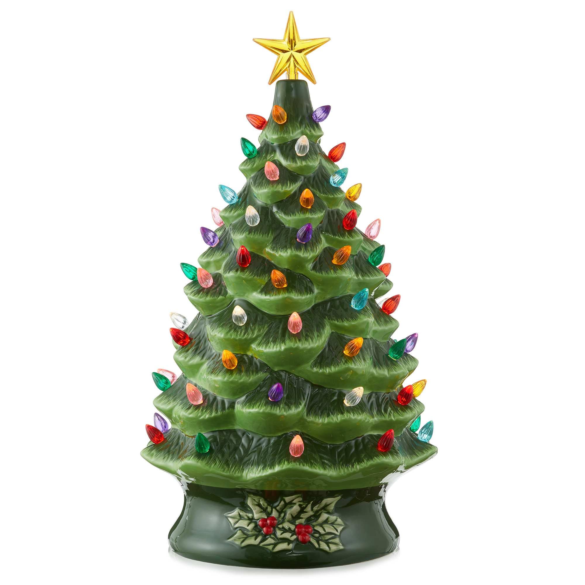 Casafield SZN-TR-9241-GRN 24-in Hand Painted Ceramic Christmas Tree - Green Pre-Lit Tree w/ Star