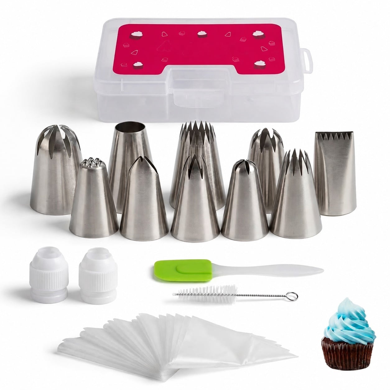DHMHD  Cake Decorating Icing Piping Tip Set 10 X Large Stainless Steel Tips with 20 Disposable Pastry Bags for Cupcakes Cookies and Cakes