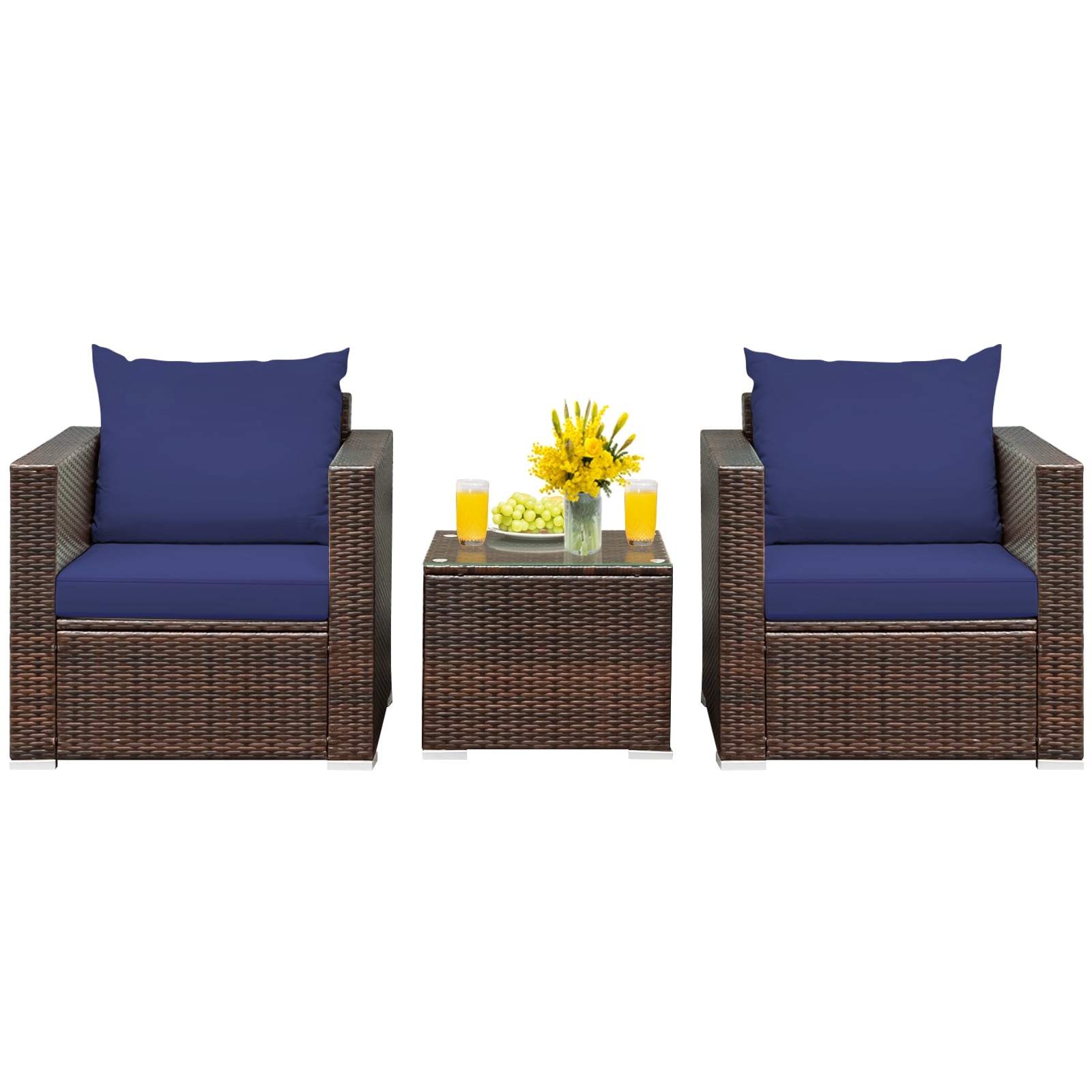 Clihome CWCH-HW66AC531NY+ 3 -Piece Rattan Patio Conversation Set with Blue Cushions