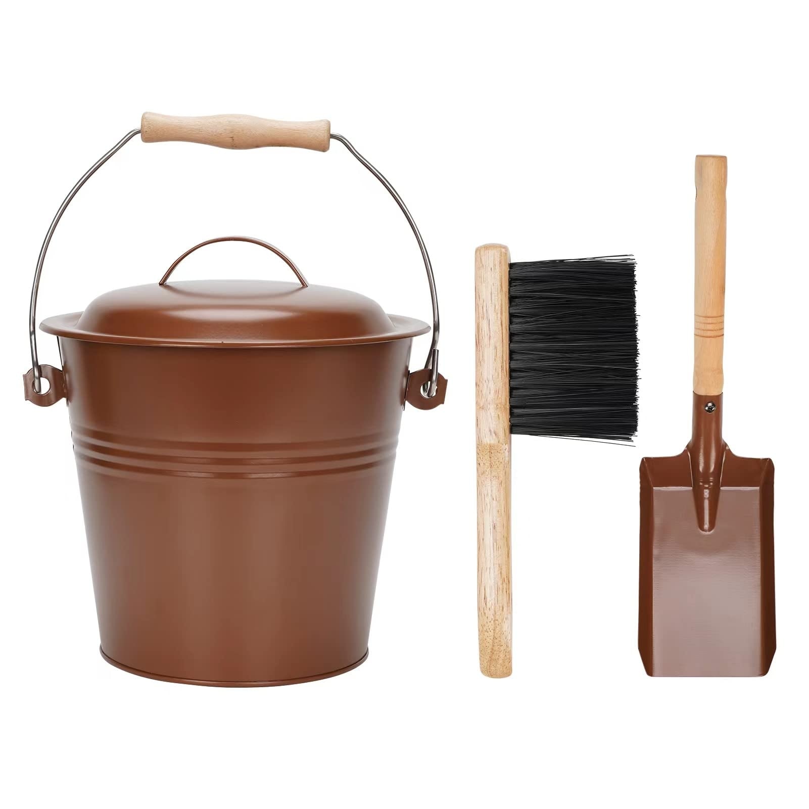 Misopily  Mini Ash Bucket Set with Lid 1 Point 5 Gallon Metal Pail Shovel Hand Broom Copper Finish for Fireplace Fire Pit Hearth Grill