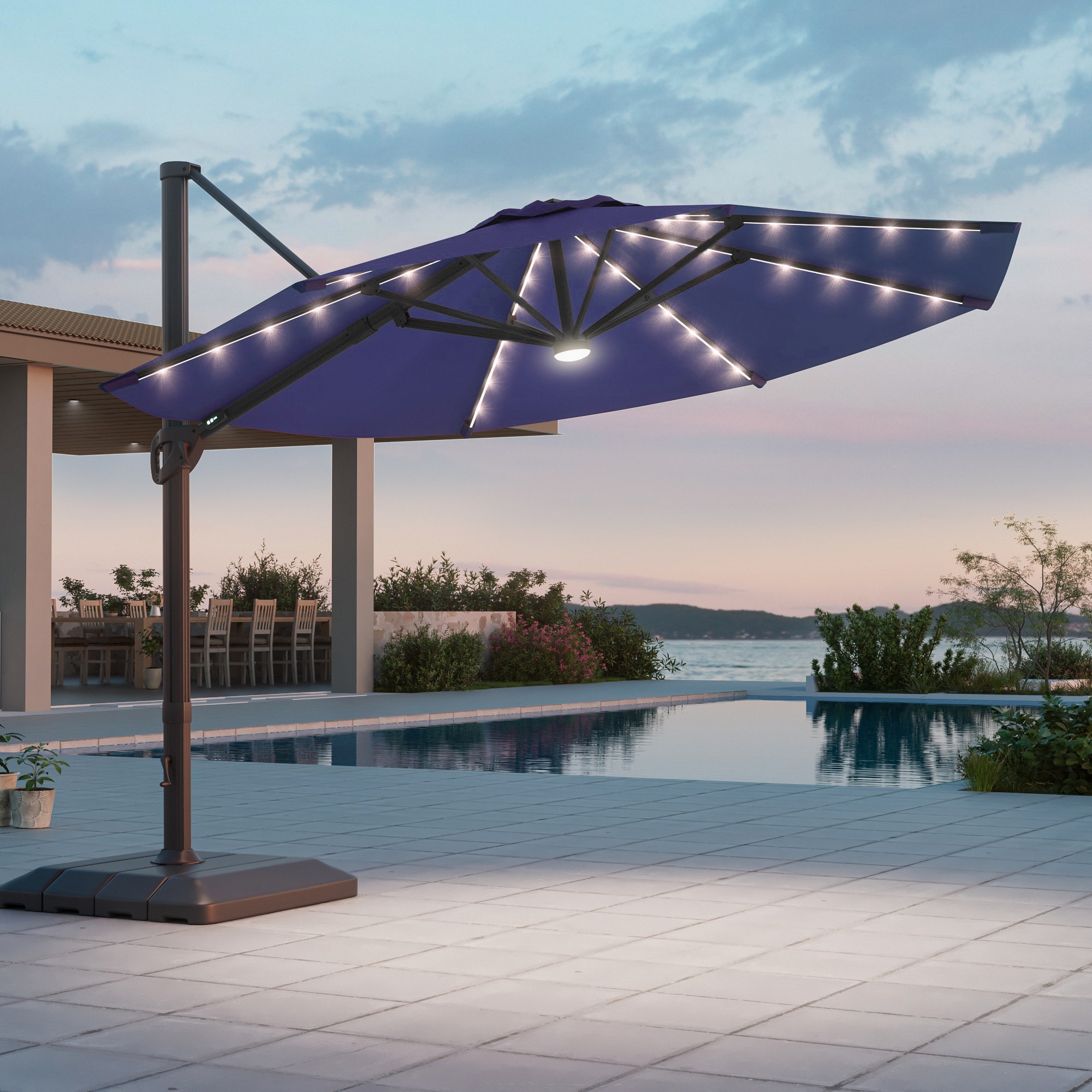 ACEGOSES LW-HCT-TJ23BL 11-ft Aluminum Navy No-tilt Cantilever Patio Umbrella with Lights with Base